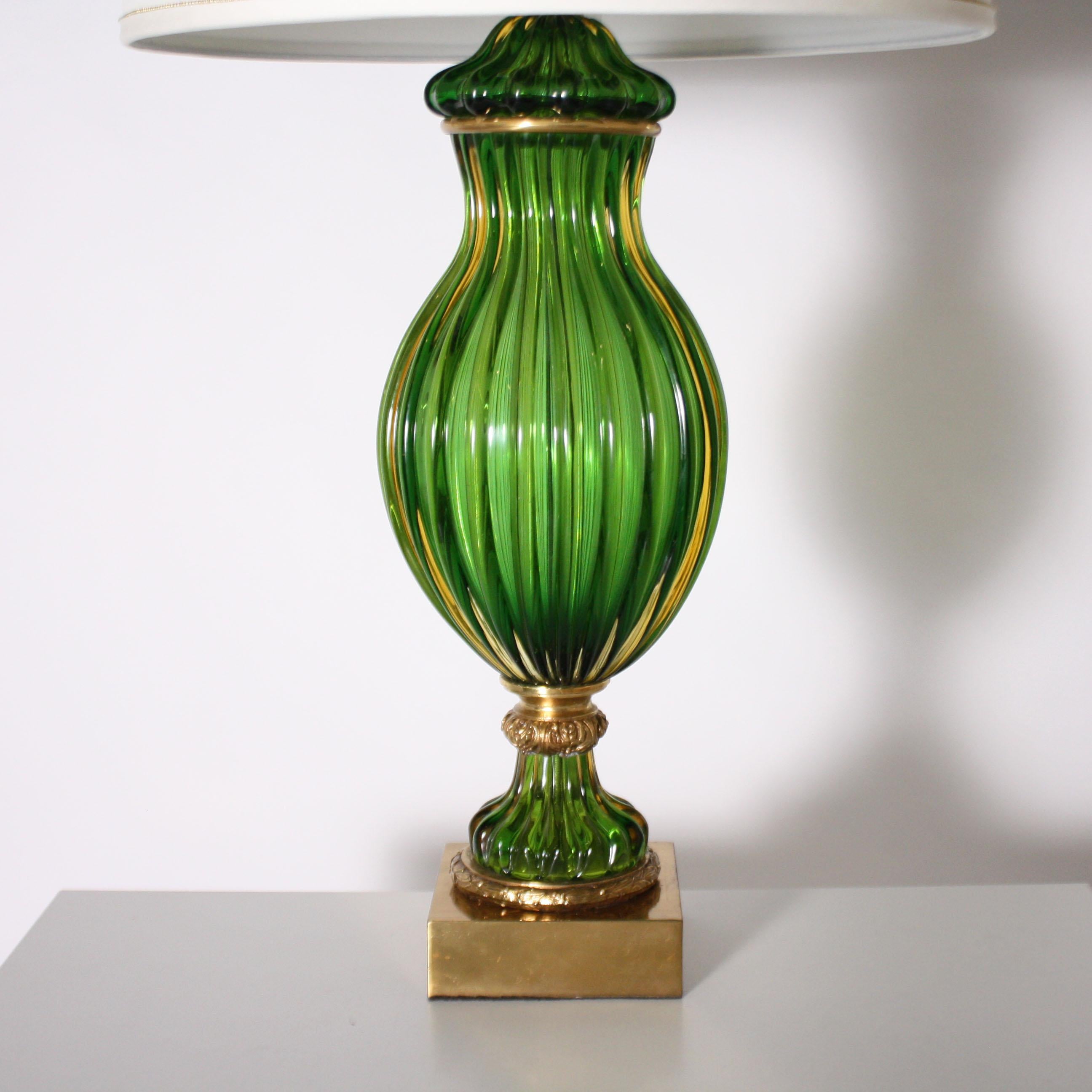 Pair of Marbro for Seguso Murano green lamps, circa 1950.