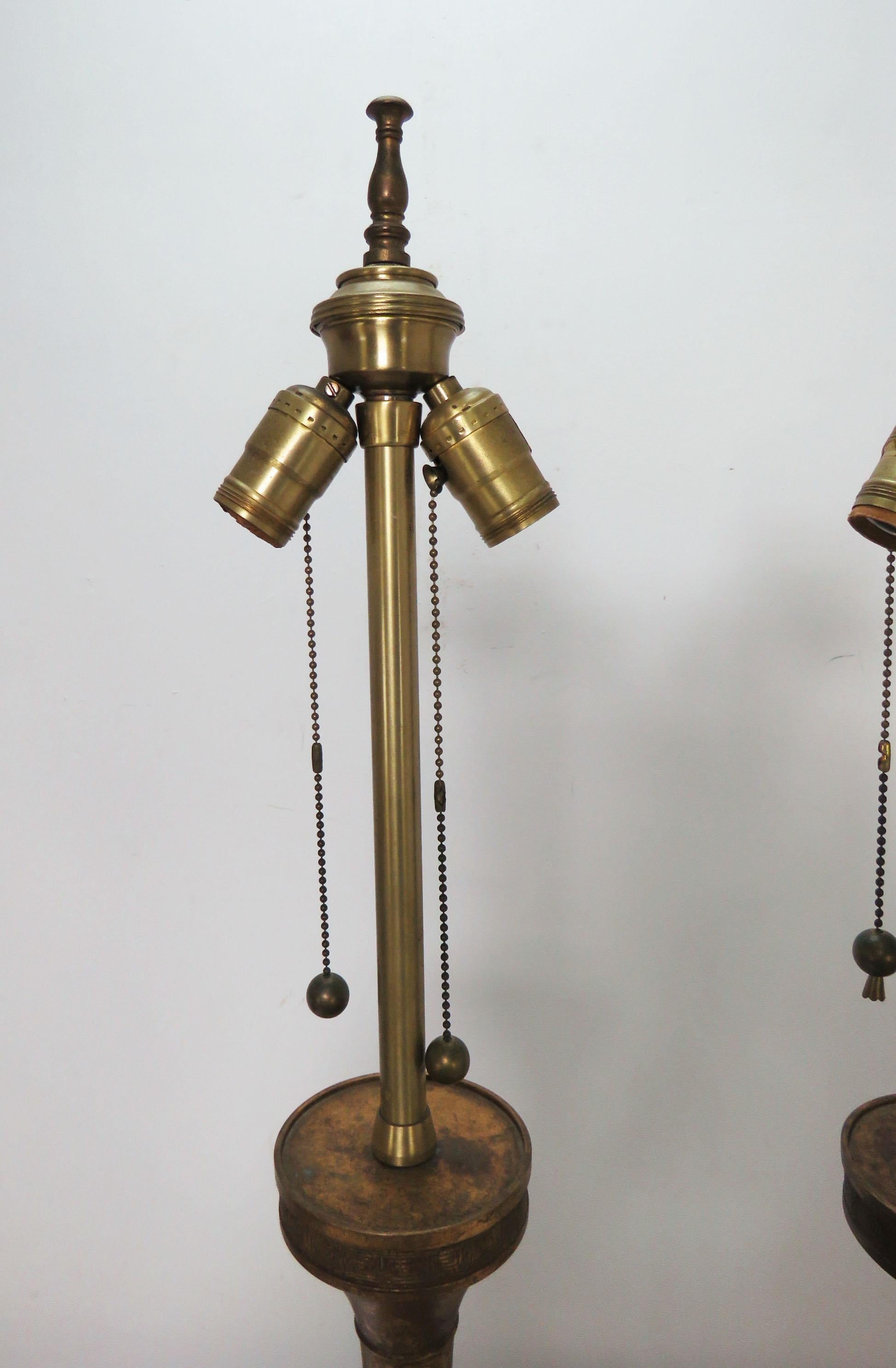 Pair of Marbro Gilded Bronze Table Lamps in Form of Chinese Temple Candleholders 4
