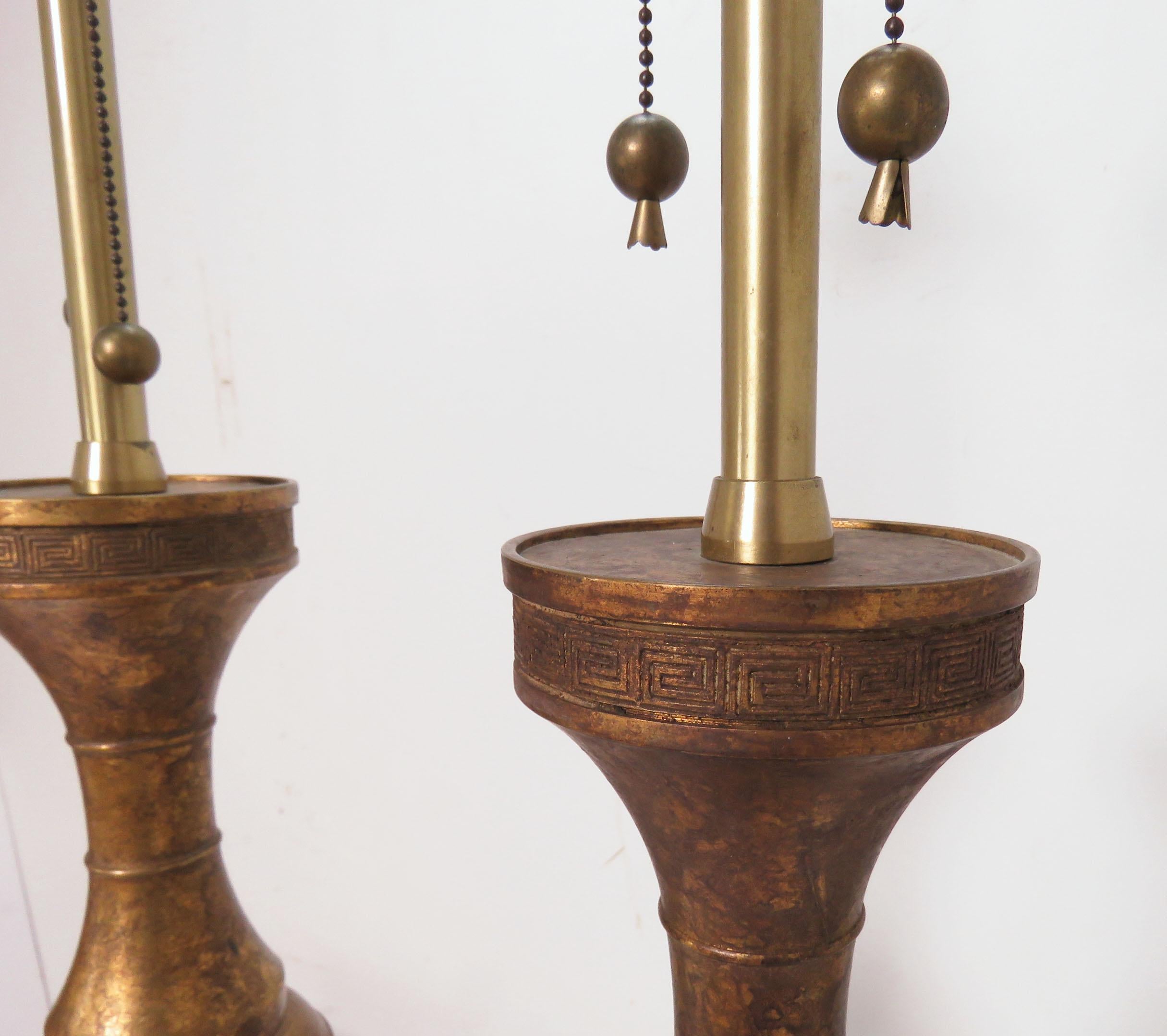 Pair of Marbro Gilded Bronze Table Lamps in Form of Chinese Temple Candleholders In Good Condition In Peabody, MA