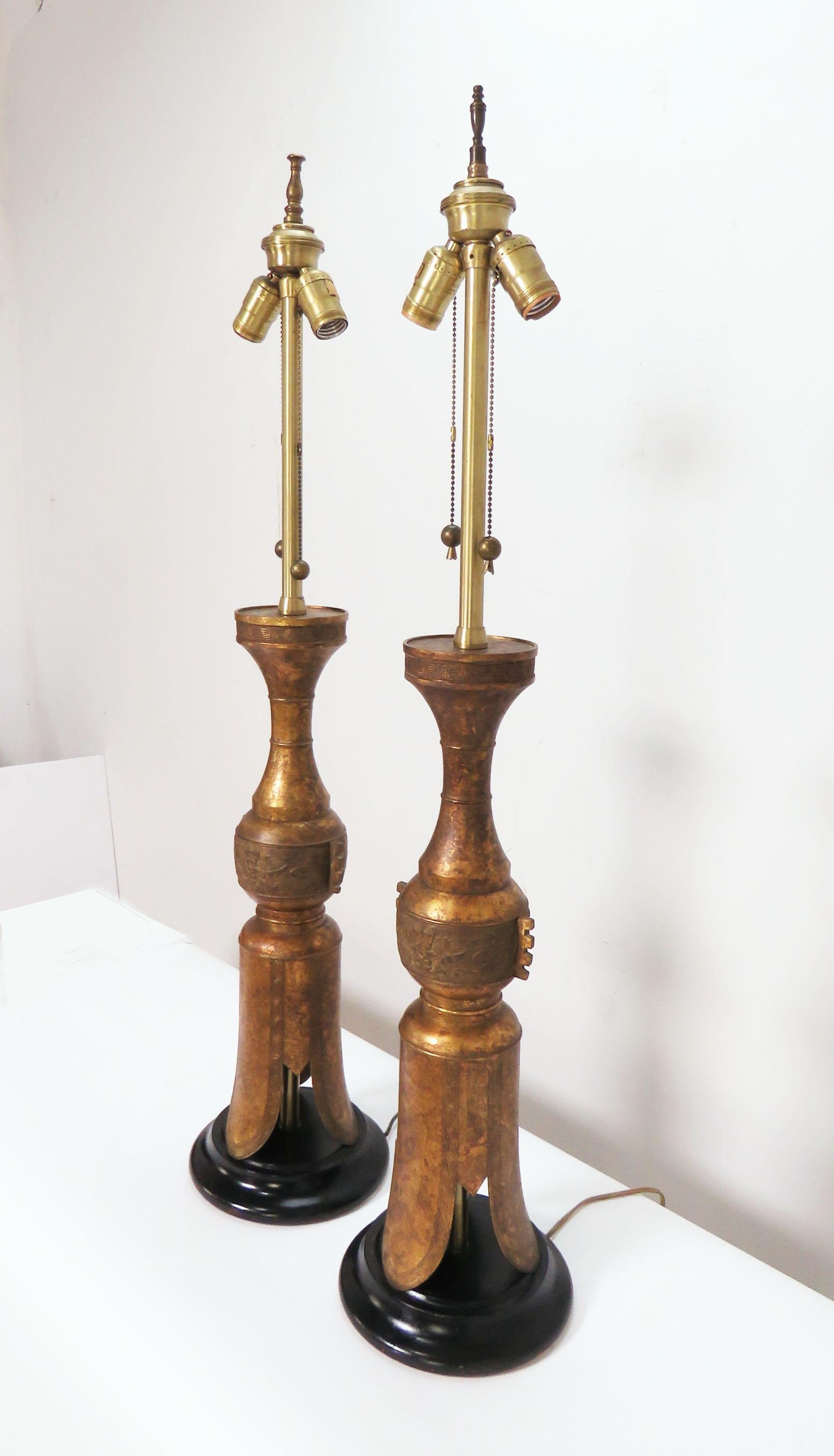 Pair of Marbro Gilded Bronze Table Lamps in Form of Chinese Temple Candleholders 1