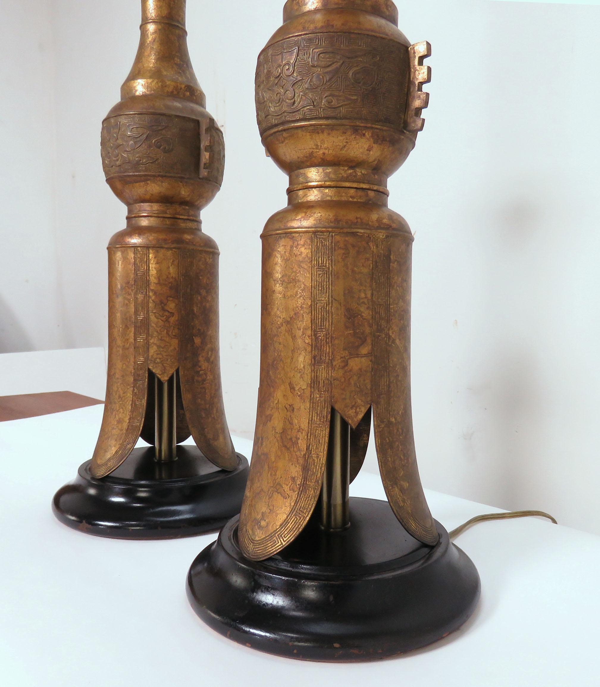 Pair of Marbro Gilded Bronze Table Lamps in Form of Chinese Temple Candleholders 2