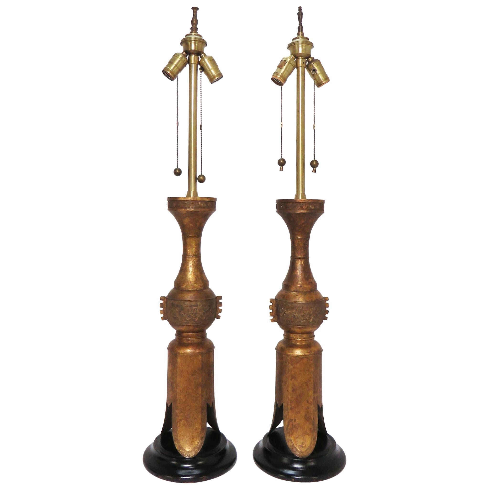 Pair of Marbro Gilded Bronze Table Lamps in Form of Chinese Temple Candleholders