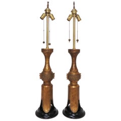 Pair of Marbro Gilded Bronze Table Lamps in Form of Chinese Temple Candleholders