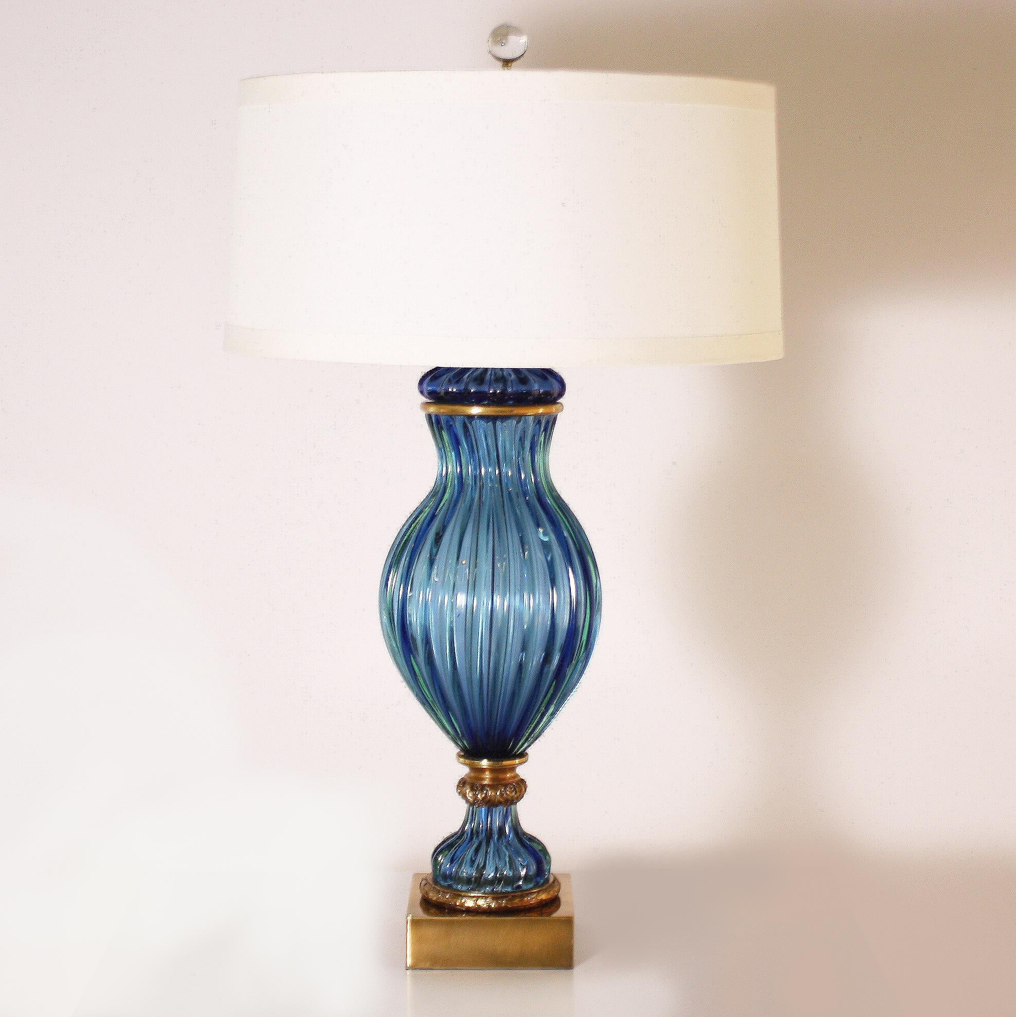 Mid-20th Century Pair of Marbro Murano Glass Lamps with Brass Detailing, circa 1950
