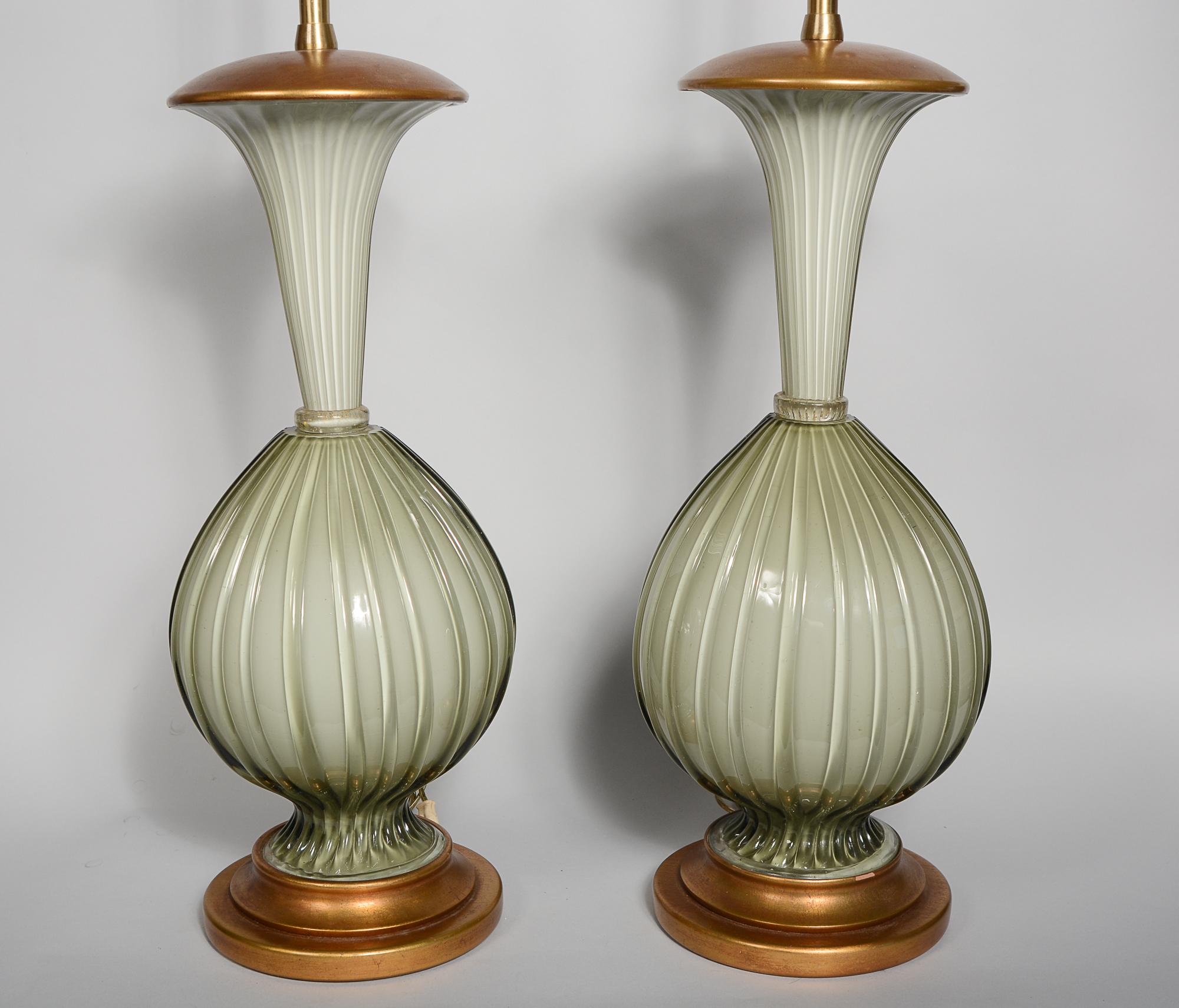 Hollywood Regency Pair of Marbro Murano Ribbed Glass Table Lamps For Sale