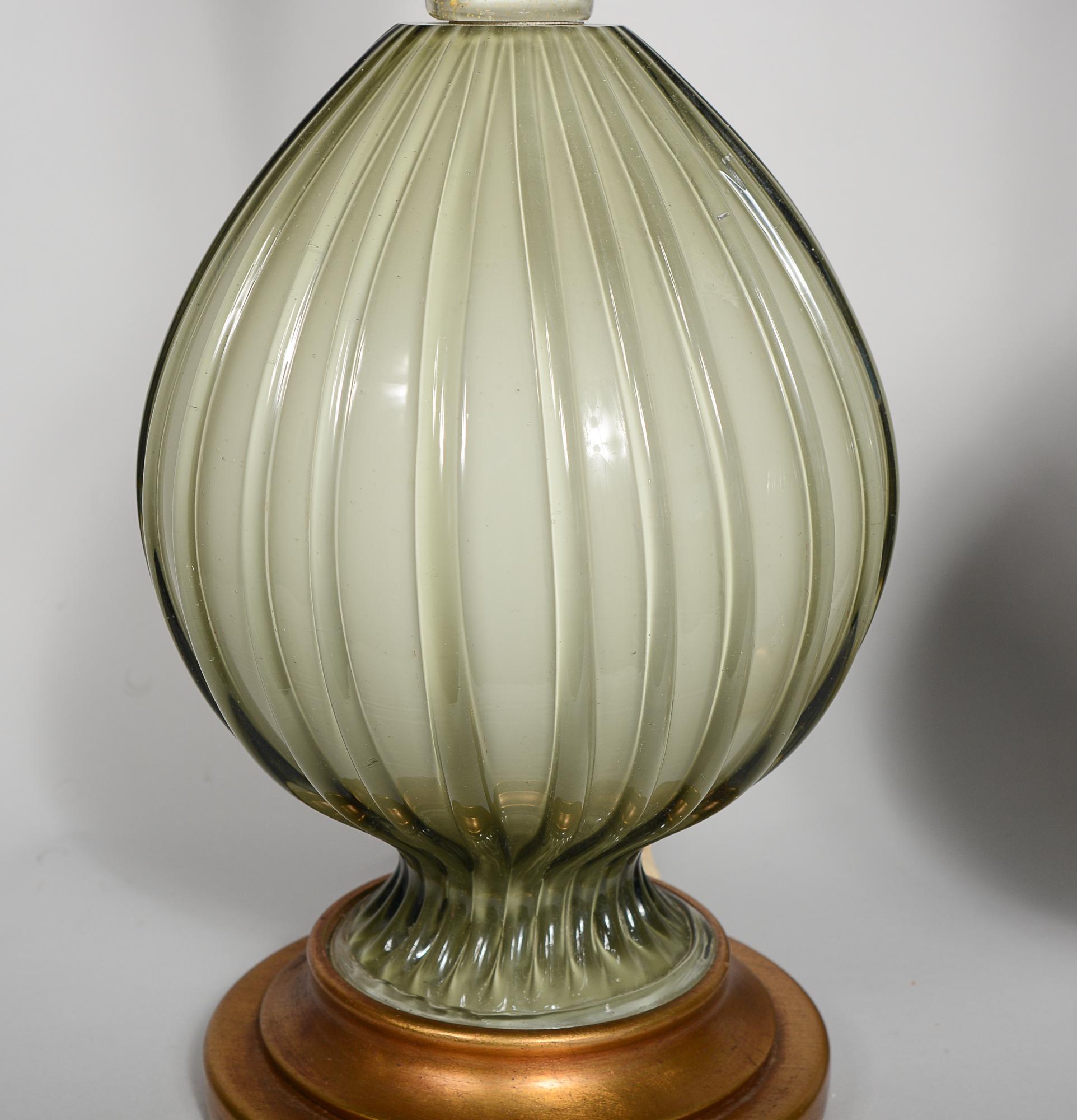 20th Century Pair of Marbro Murano Ribbed Glass Table Lamps For Sale