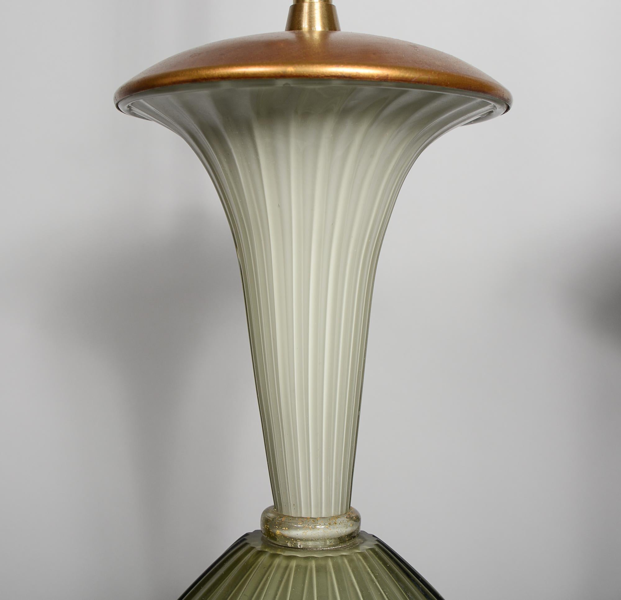 Brass Pair of Marbro Murano Ribbed Glass Table Lamps For Sale