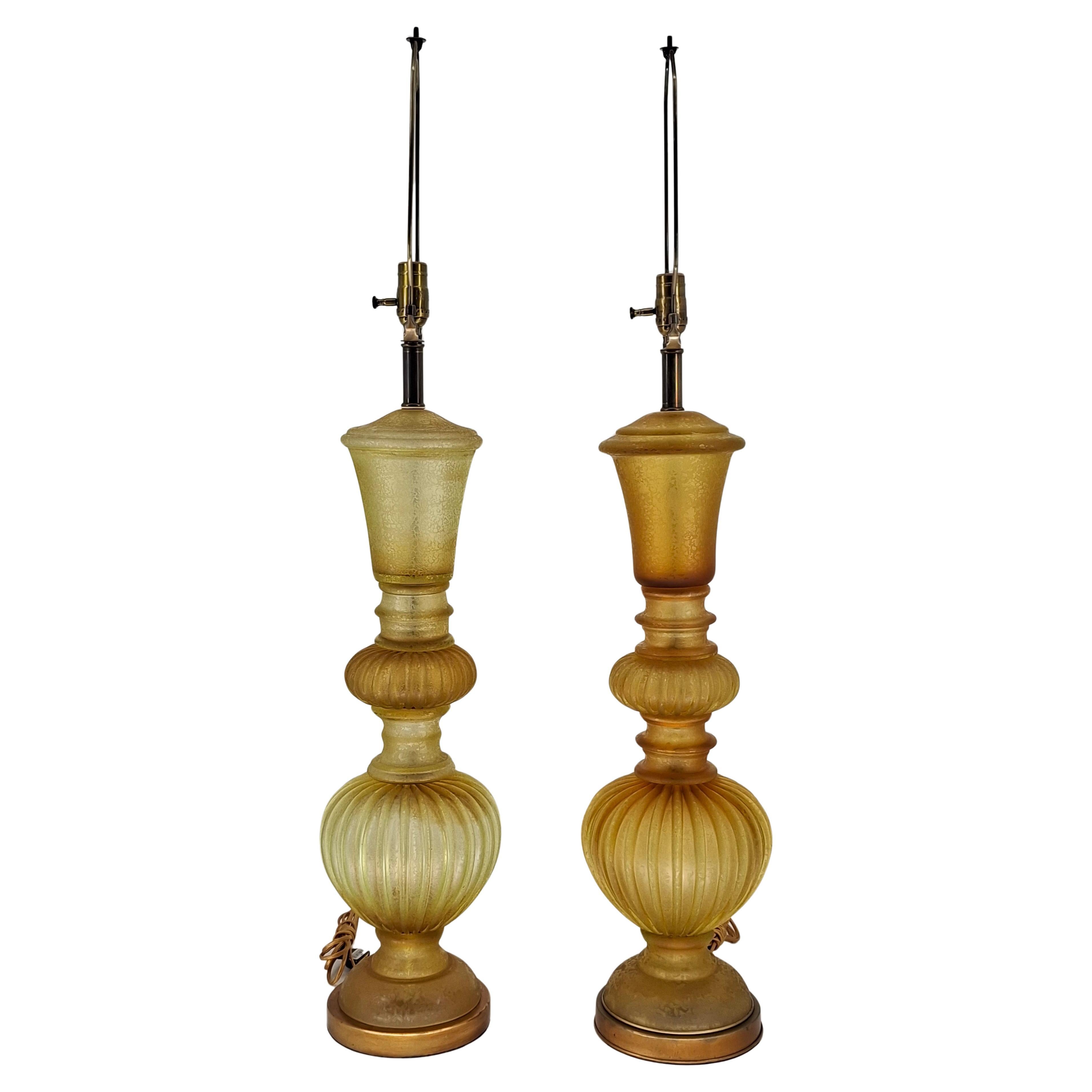 Pair of Marbro Seguso Murano "Corroso" Amber Glass Table Lamps, circa 1960