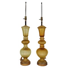 Pair of Marbro Seguso Murano "Corroso" Amber Glass Table Lamps, circa 1960