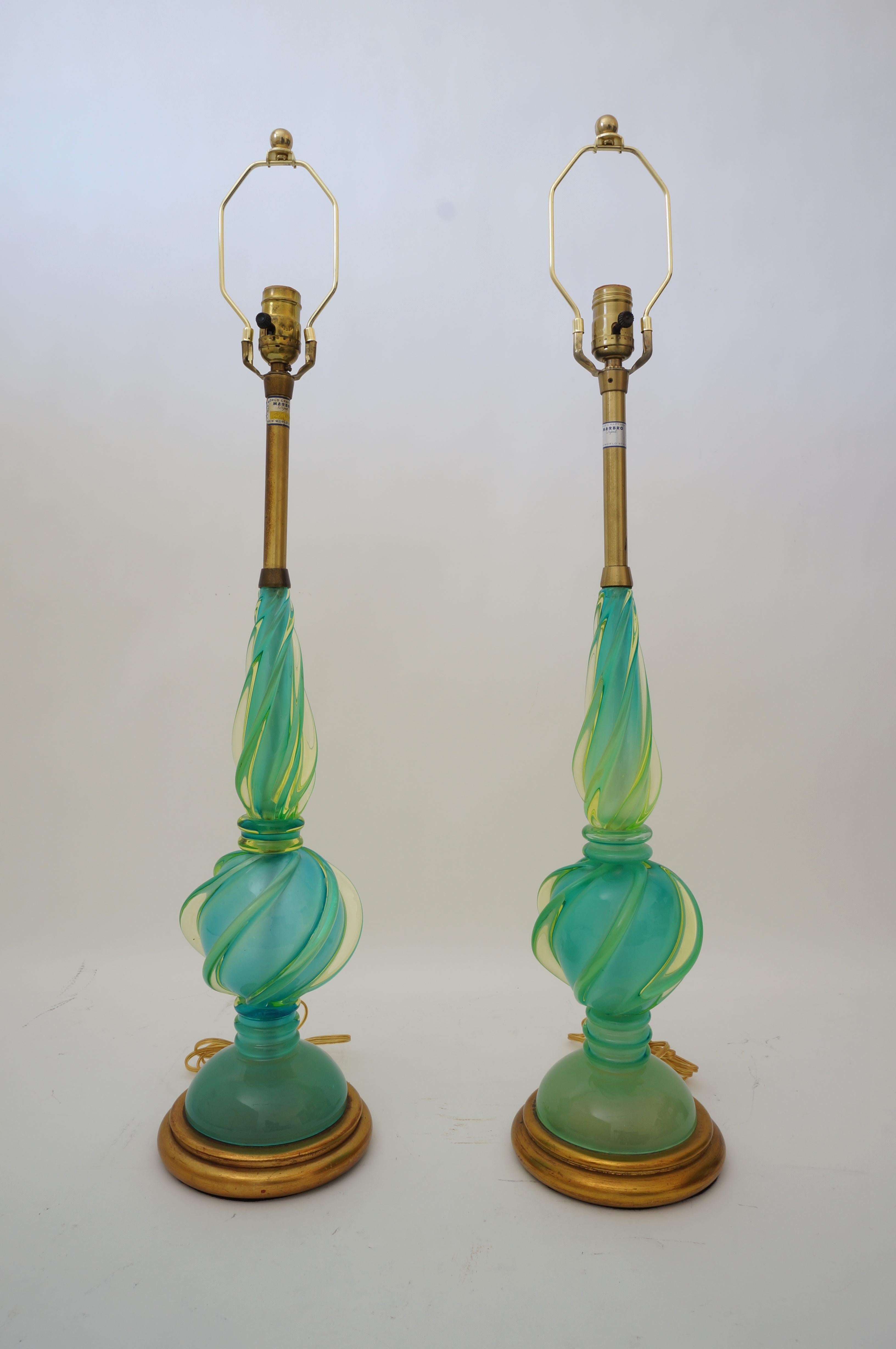 Hollywood Regency Paire de lampes en verre de Murano de Marbro Seguso en vente