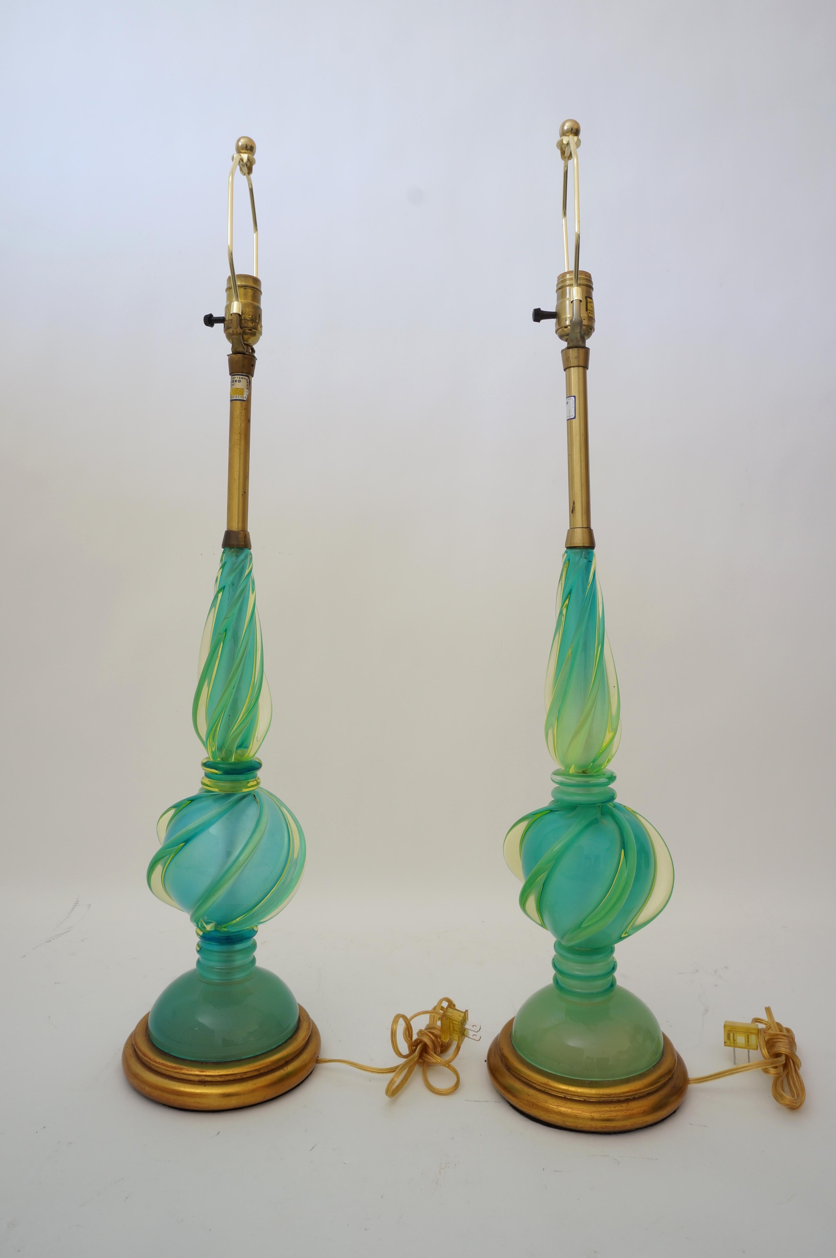 Italian Pair of Marbro Seguso Murano Glass Lamps For Sale