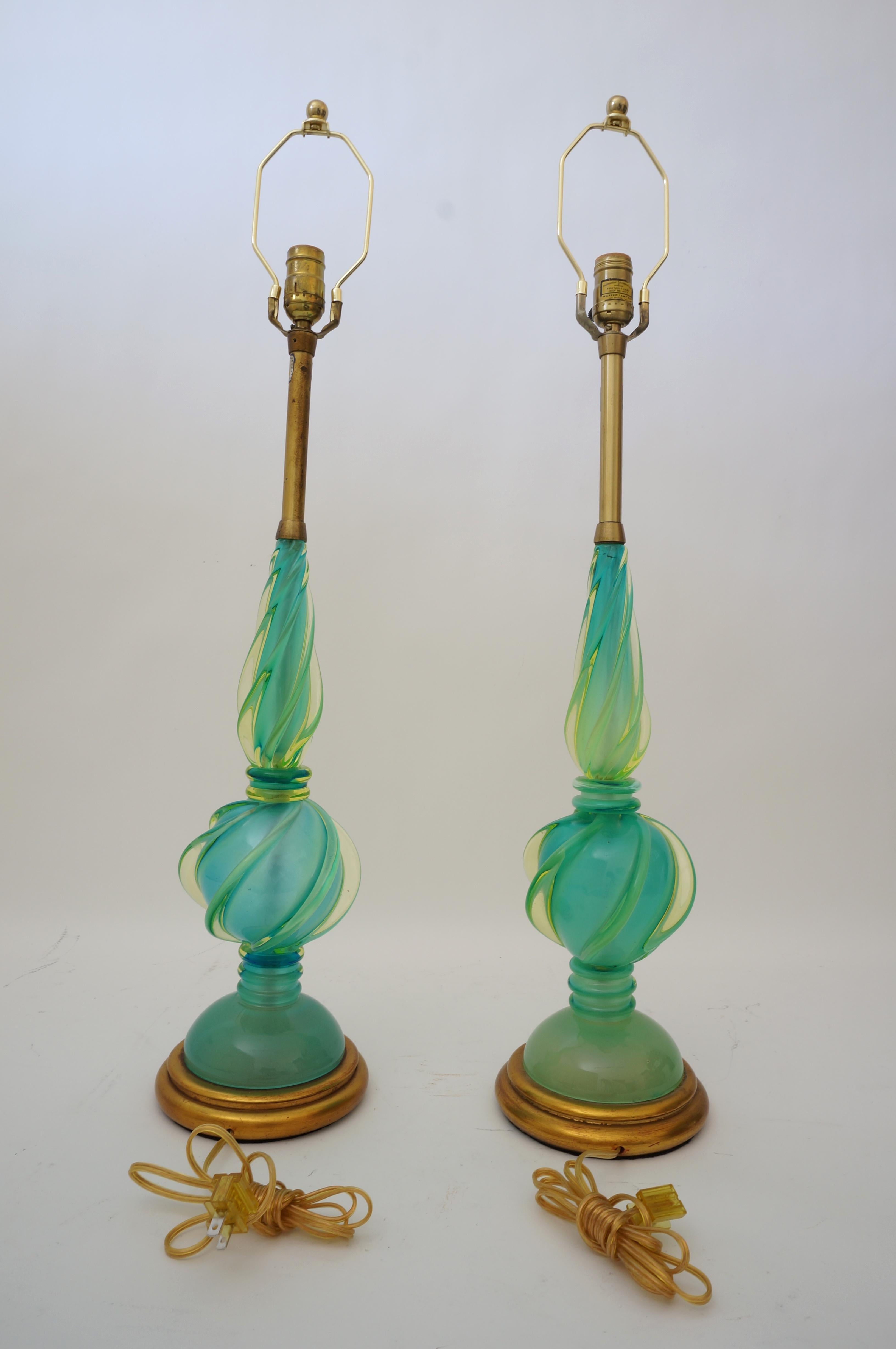 Hand-Crafted Pair of Marbro Seguso Murano Glass Lamps For Sale