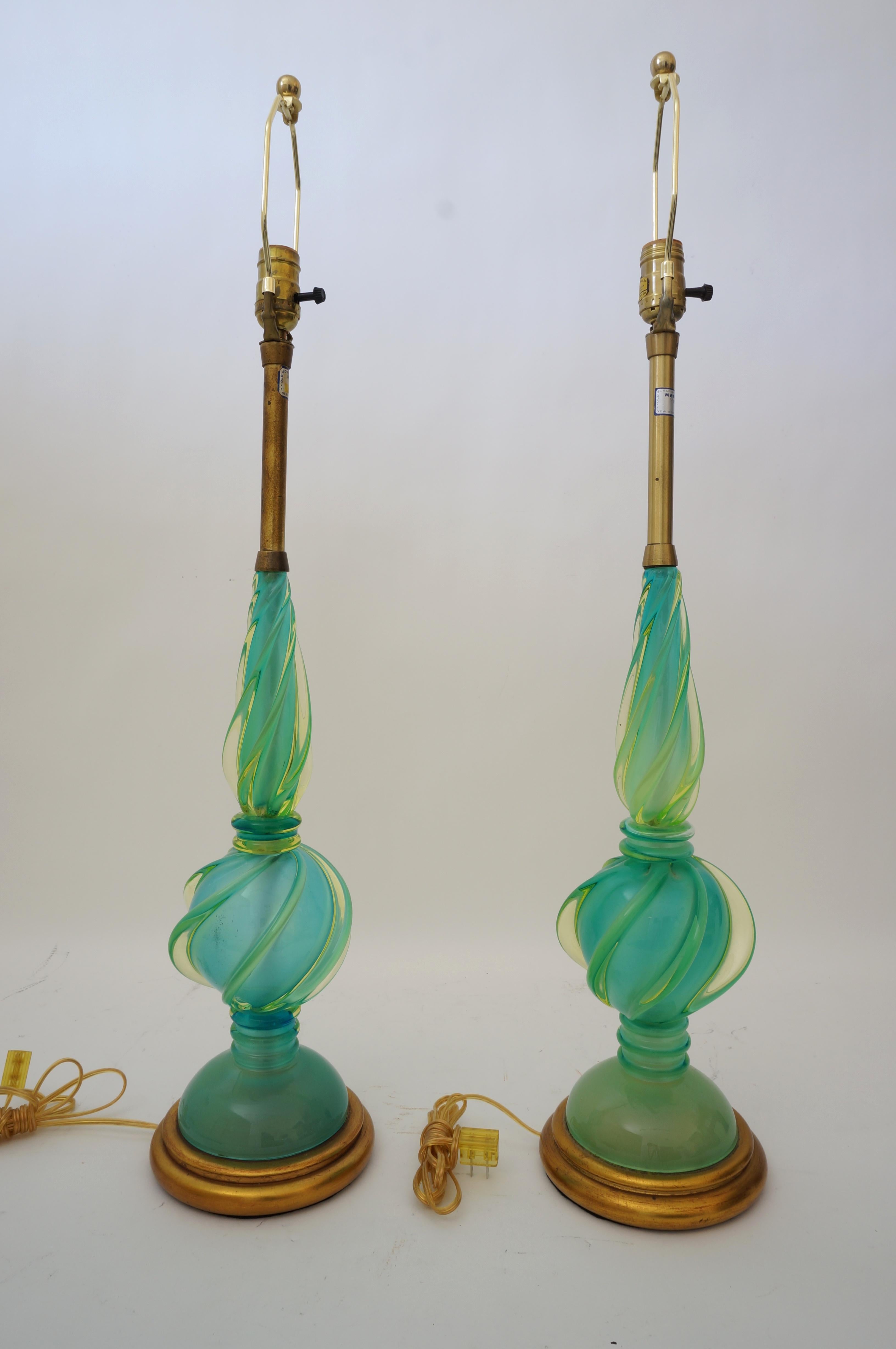Pair of Marbro Seguso Murano Glass Lamps In Good Condition For Sale In West Palm Beach, FL