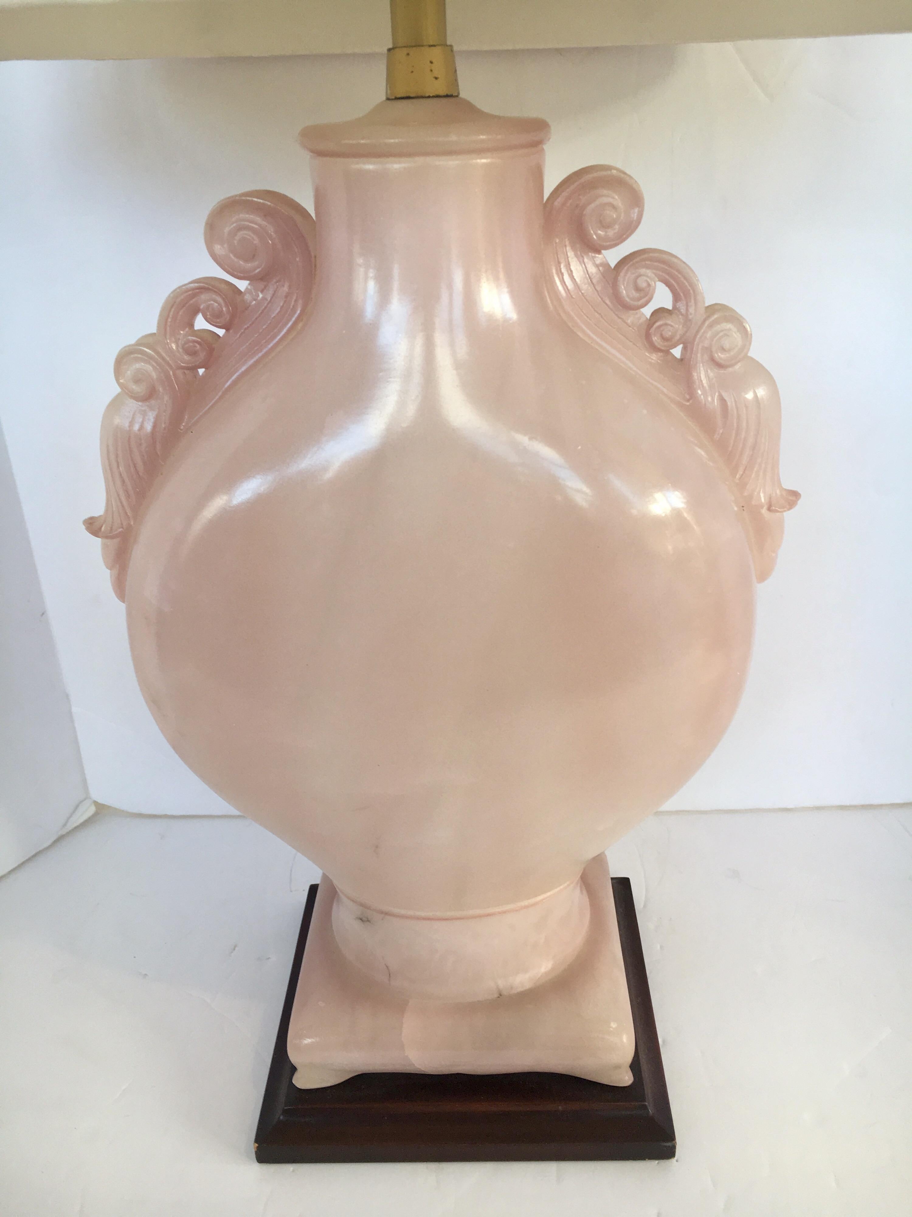American Pair of Marbro Signed Hollywood Regency 1955 Pink Alabaster Table Lamps Matching