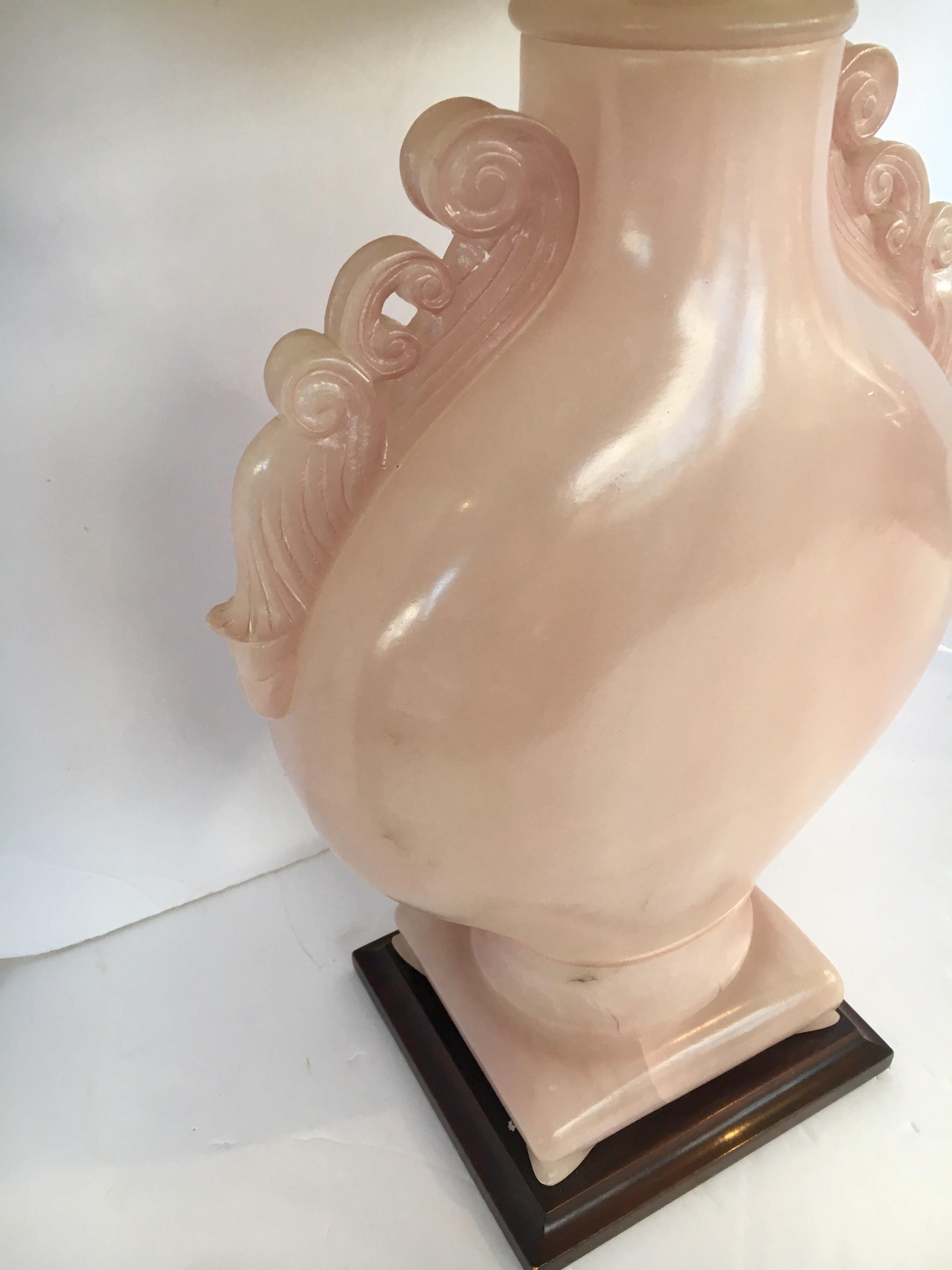 Pair of Marbro Signed Hollywood Regency 1955 Pink Alabaster Table Lamps Matching 1