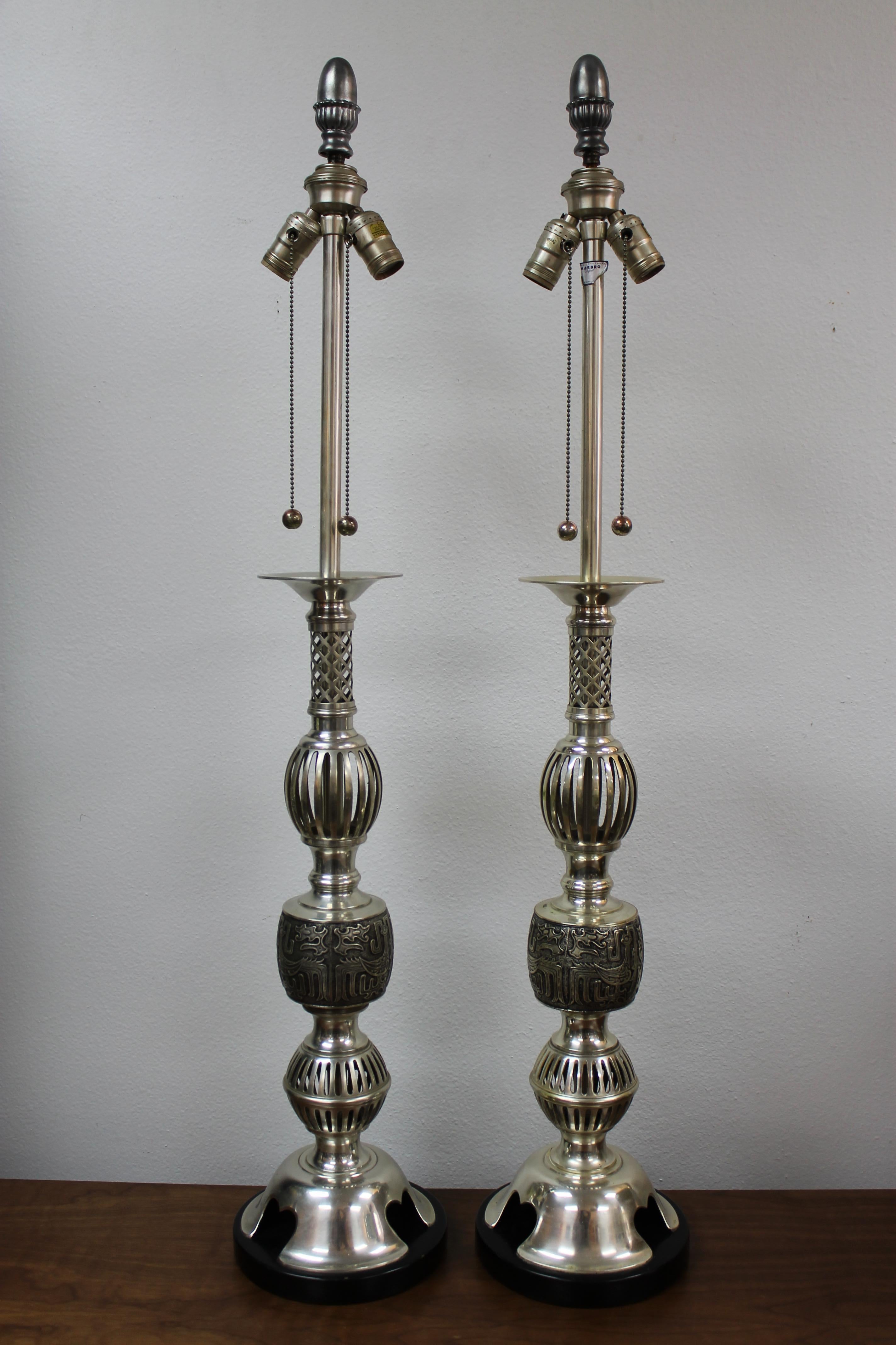 Monumental pair of pewter lamps by the Marbro lighting company. Each lamp measures 44.5
