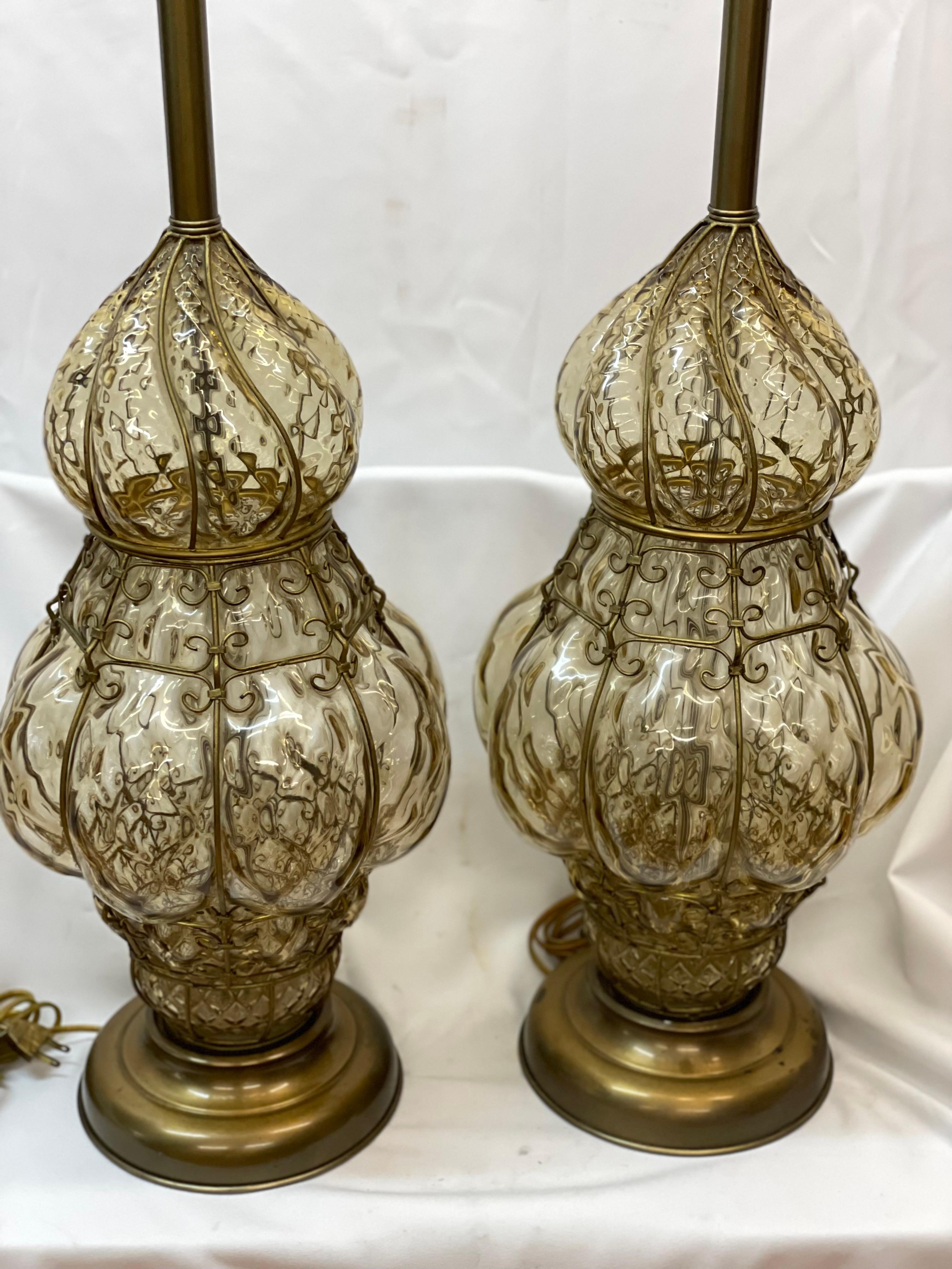 Pair of Marbro Venetian Table Lamps With Handblown Bubble Glass and Wired Cage  In Excellent Condition For Sale In San Francisco, CA