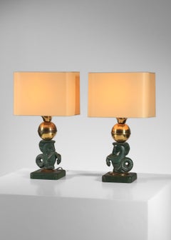 Pair of Marcel Asselbur ceramic table lamp with horse decoration
