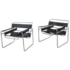 Pair of Marcel Breuer B3 Wassily Chairs Gavina, Italy Black Color Silver, 1970