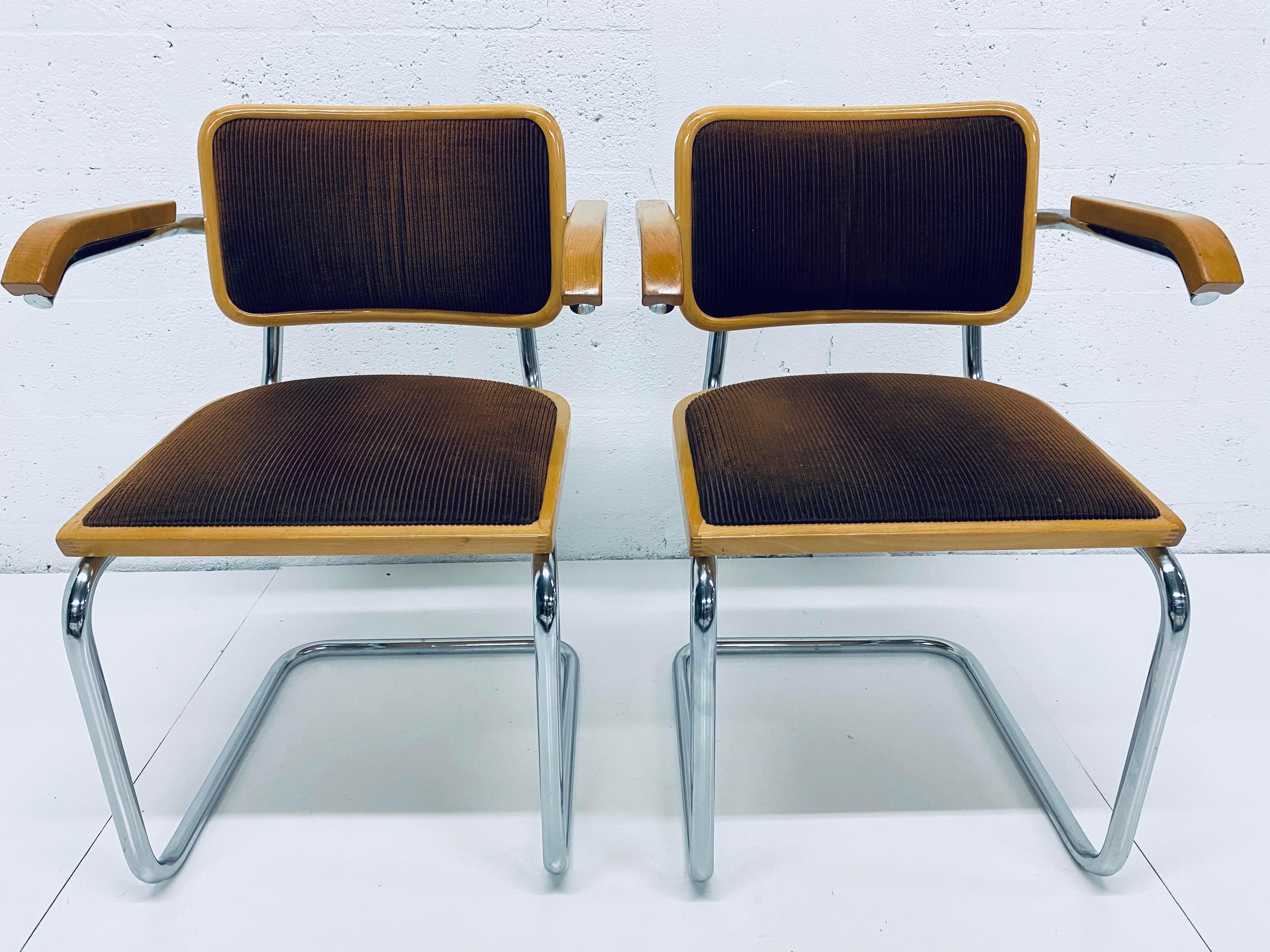 Pair of Marcel Breuer Brown Channeled Velvet Upholstered Cesca Armchairs, Italy 4