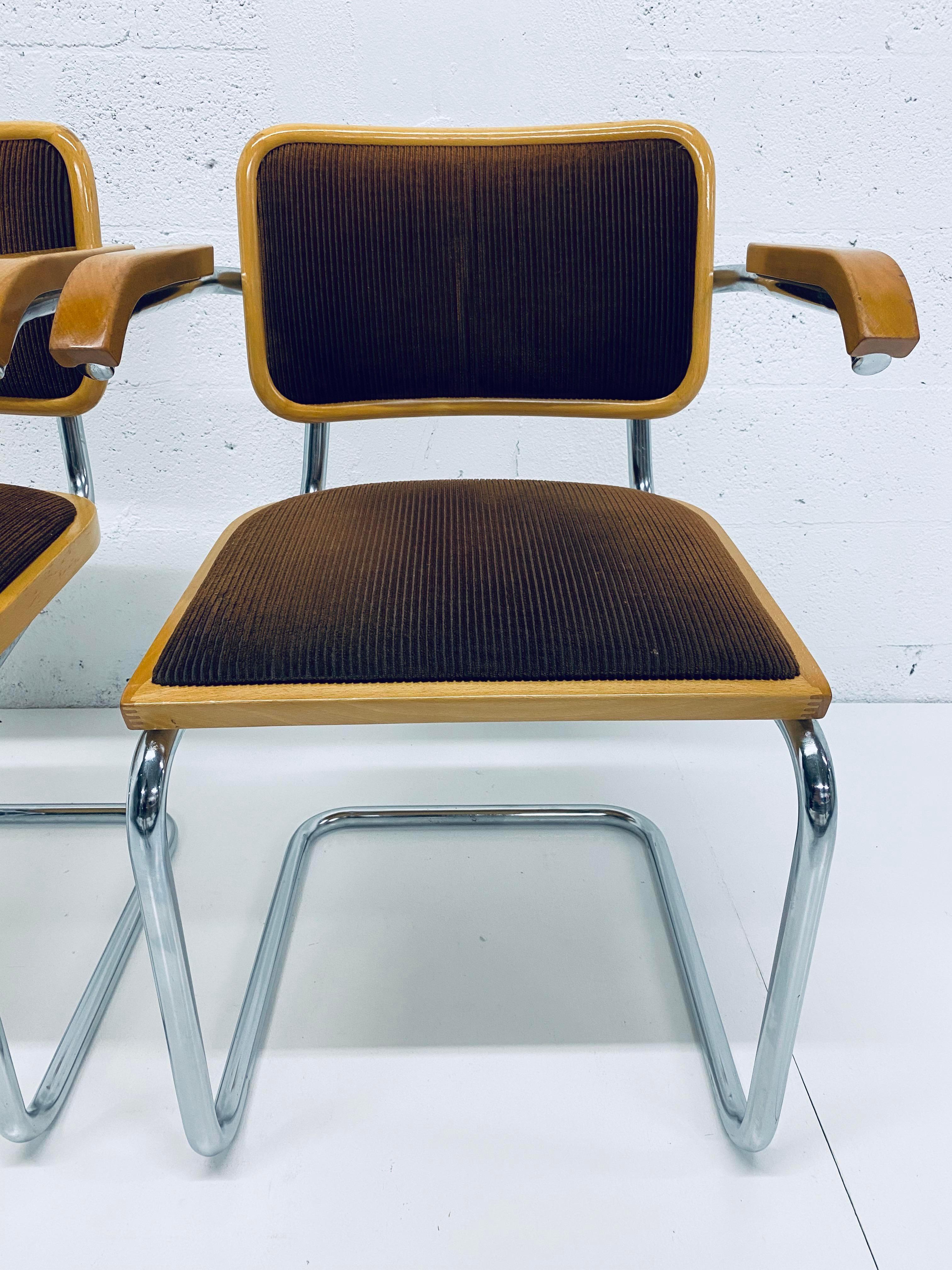 Italian Pair of Marcel Breuer Brown Channeled Velvet Upholstered Cesca Armchairs, Italy