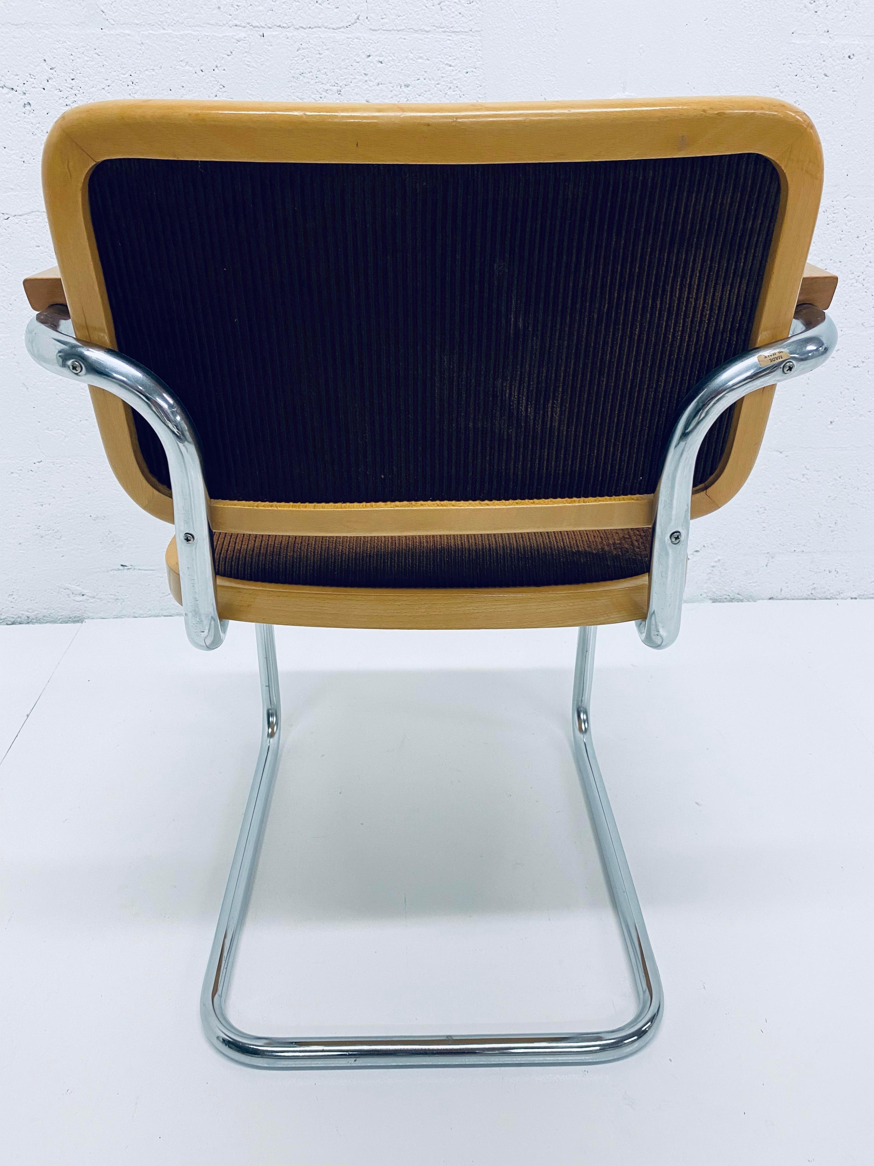 Late 20th Century Pair of Marcel Breuer Brown Channeled Velvet Upholstered Cesca Armchairs, Italy