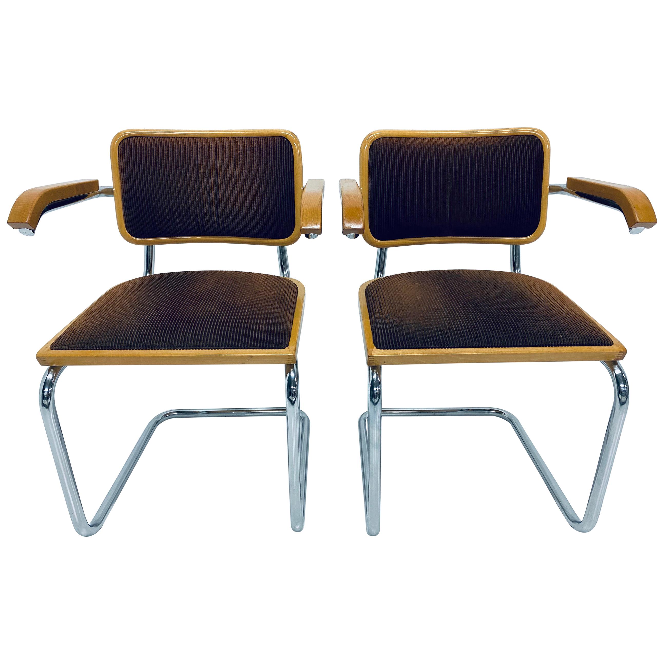 Pair of Marcel Breuer Brown Channeled Velvet Upholstered Cesca Armchairs, Italy