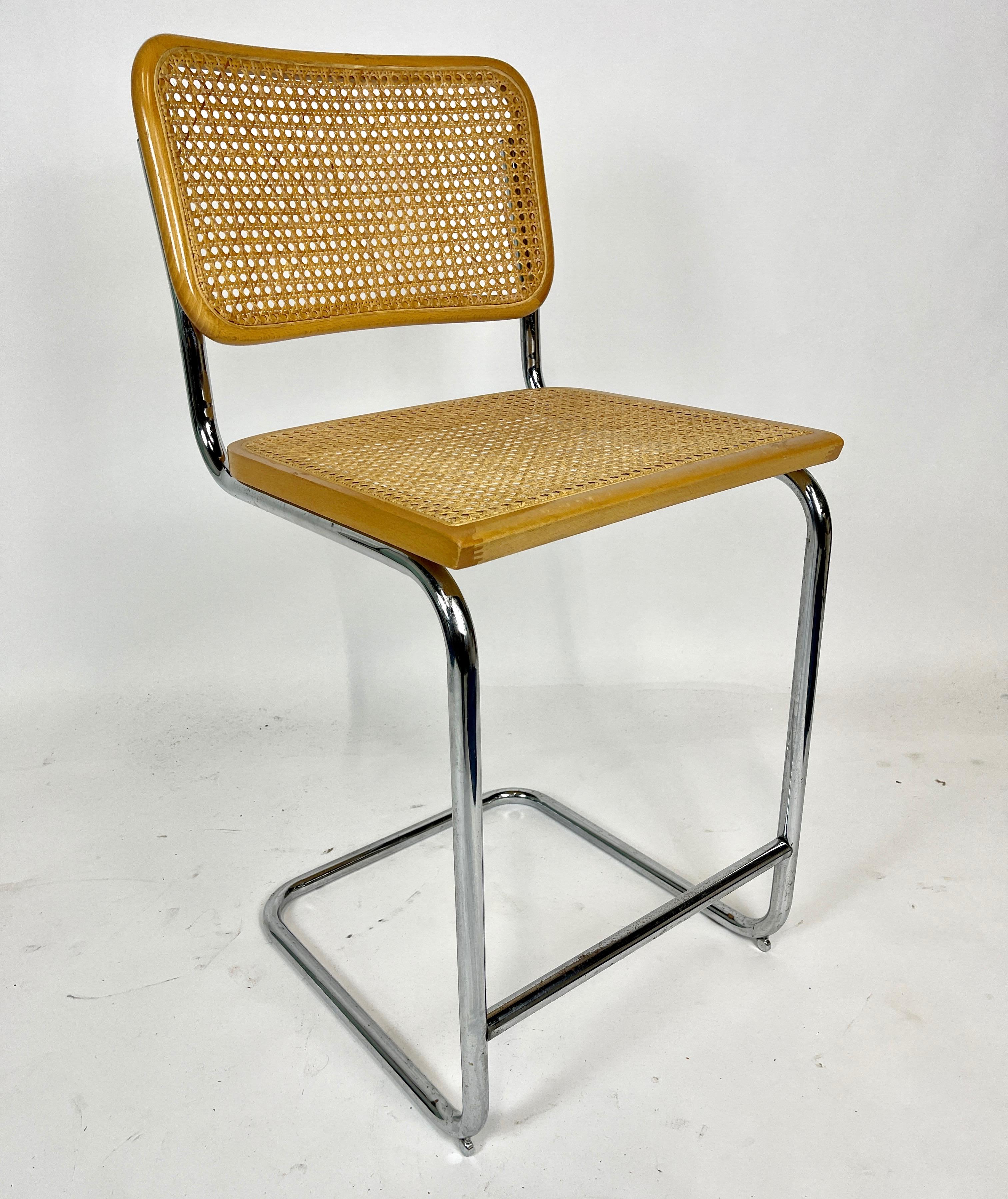 Italian Pair of Marcel Breuer Cane, Birch, and Chrome Cesca Stools Made in Italy