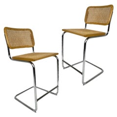 Pair of Marcel Breuer Cane, Birch, and Chrome Cesca Stools Made in Italy