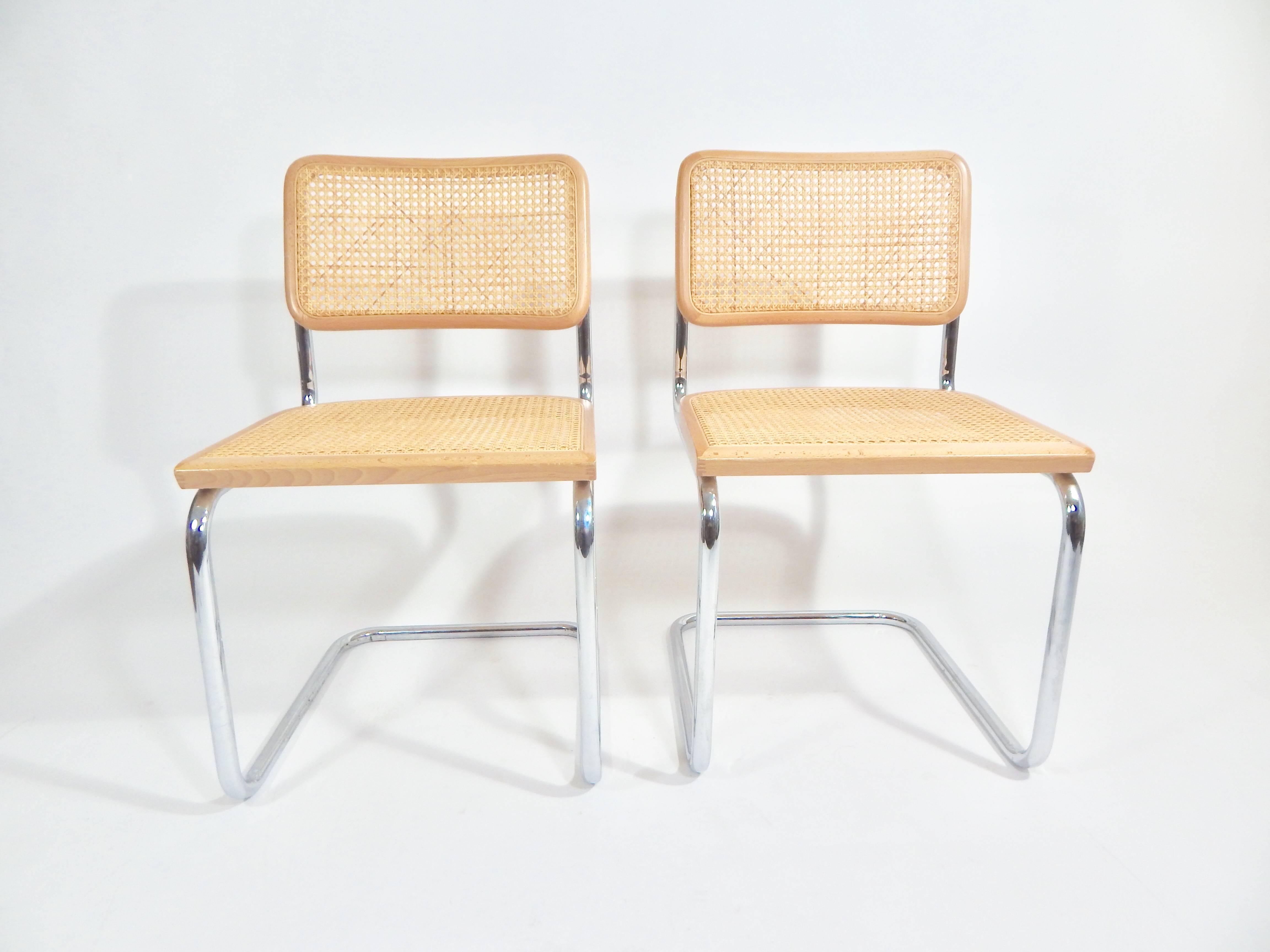 Midcentury pair of Marcel Breuer cane and chrome Cesca chairs.