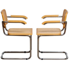 Pair of Marcel Breuer Cane or Chrome and Gold Beech Cesca S64 Chairs, Italy