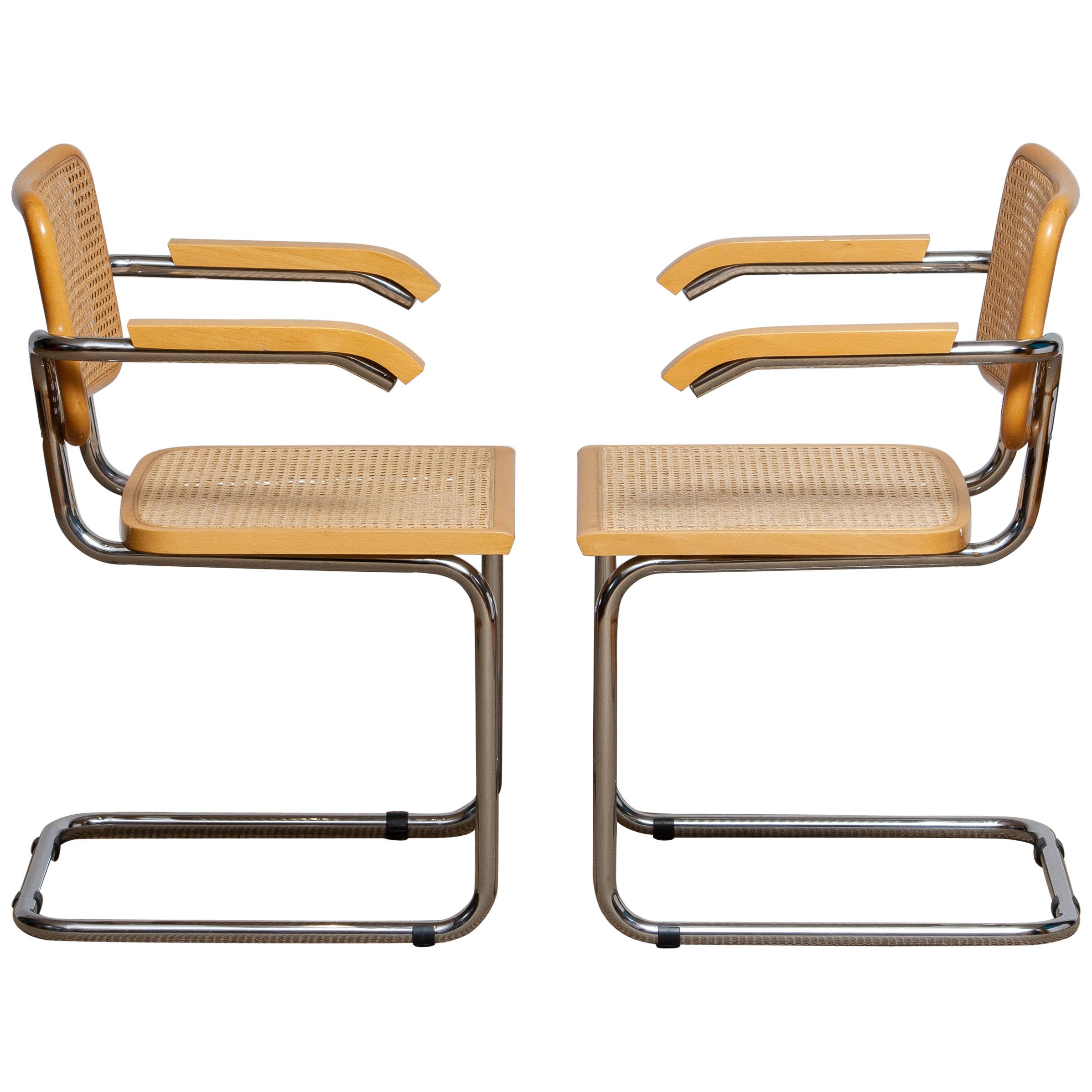 Mid-Century Modern Pair of Marcel Breuer Cane or Chrome and Gold Beech Cesca S64 Chairs, Italy