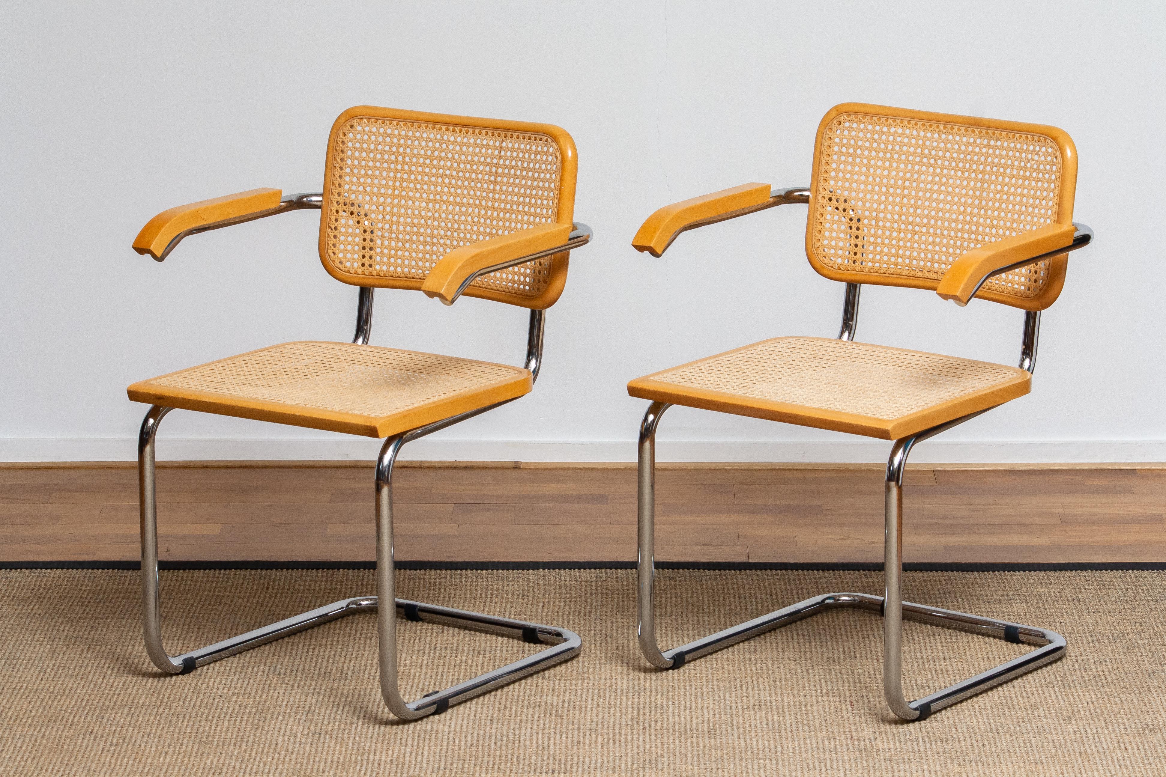 Italian Pair of Marcel Breuer Cane or Chrome and Gold Beech Cesca S64 Chairs, Italy