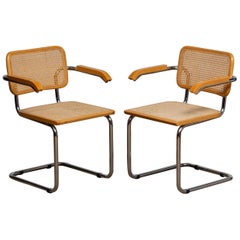 Pair of Marcel Breuer Cane or Chrome and Gold Beech Cesca S64 Chairs, Italy