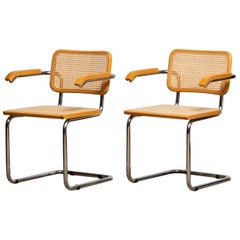 Pair of Marcel Breuer Cane or Chrome and Gold Beech Cesca S64 Chairs, Italy