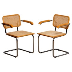 Pair of Marcel Breuer Cane or Chrome and Gold Beech Cesca S64 Chairs, Italy