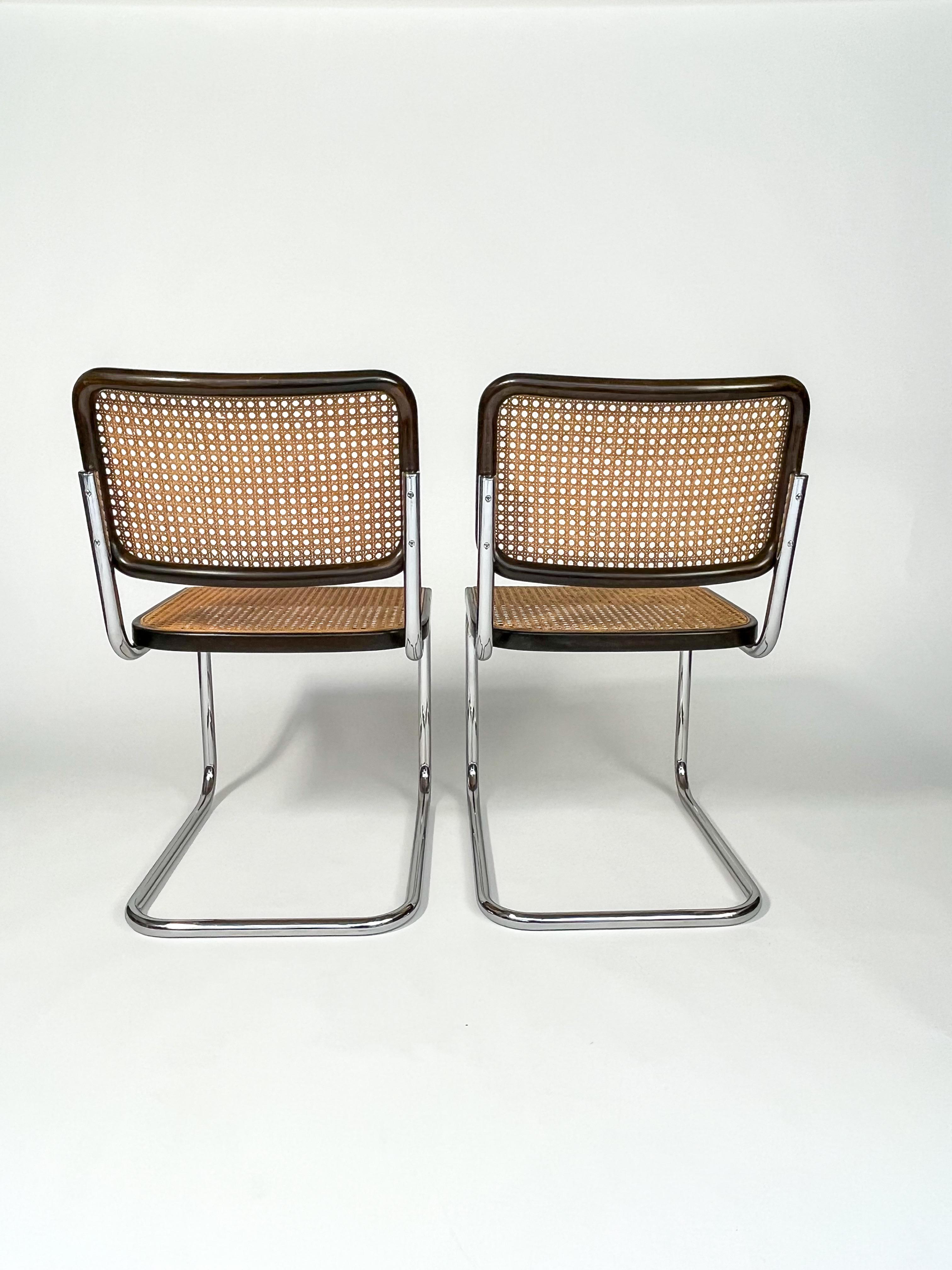 Hand-Crafted Pair of Marcel Breuer Cesca Chairs Thonet Cantilever Chairs Woven Cane Chrome