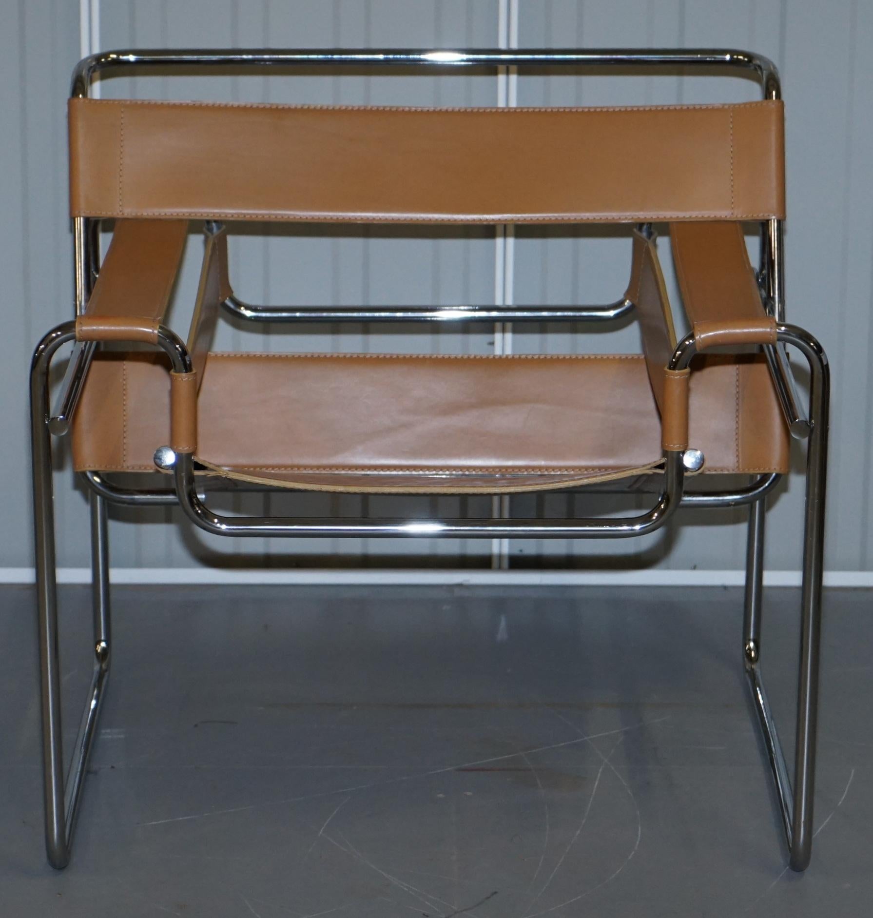 Pair of Marcel Breuer for Fasem 1980s Wassily B3 Tan Brown Leather Armchairs 7
