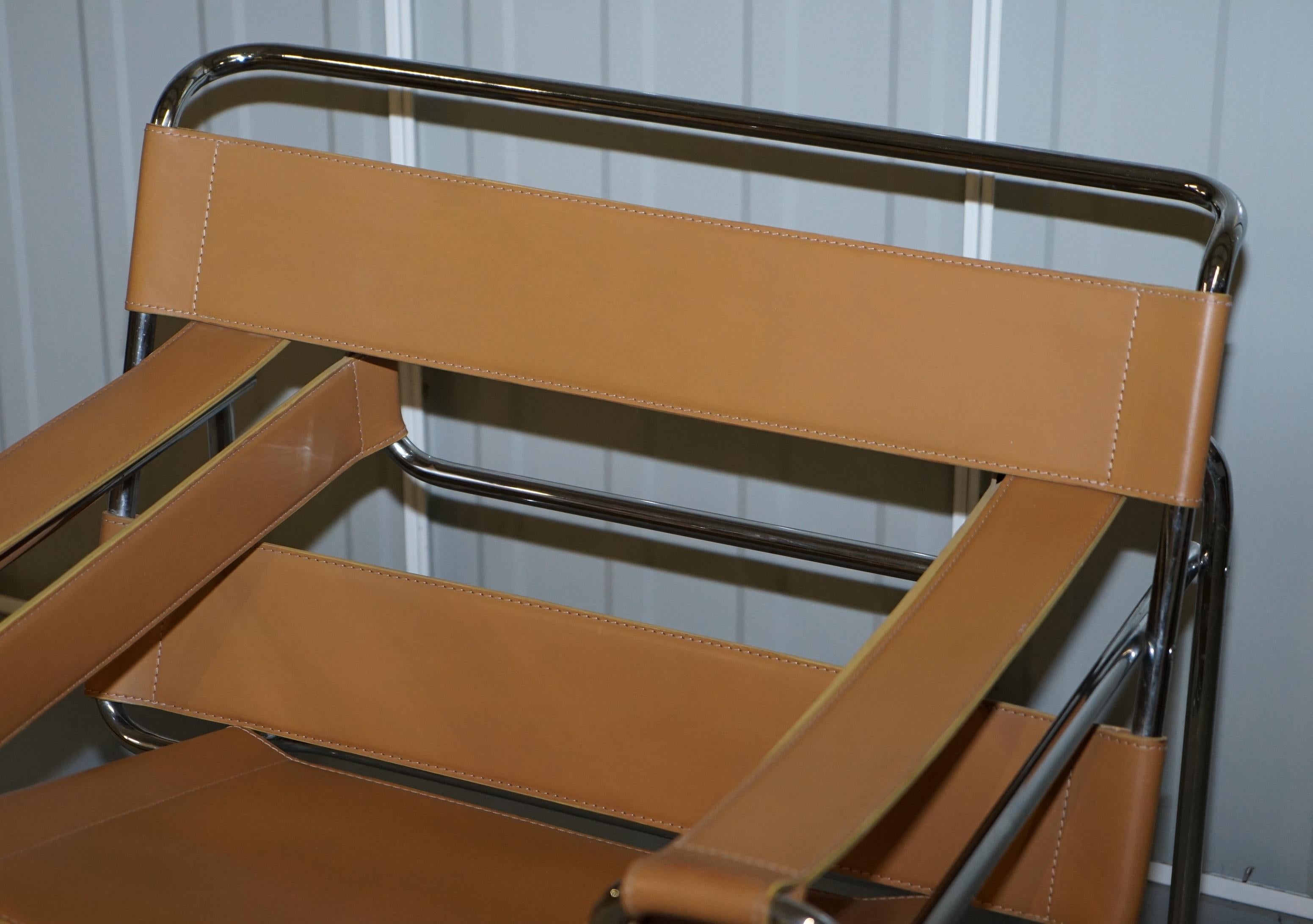 Pair of Marcel Breuer for Fasem 1980s Wassily B3 Tan Brown Leather Armchairs 8