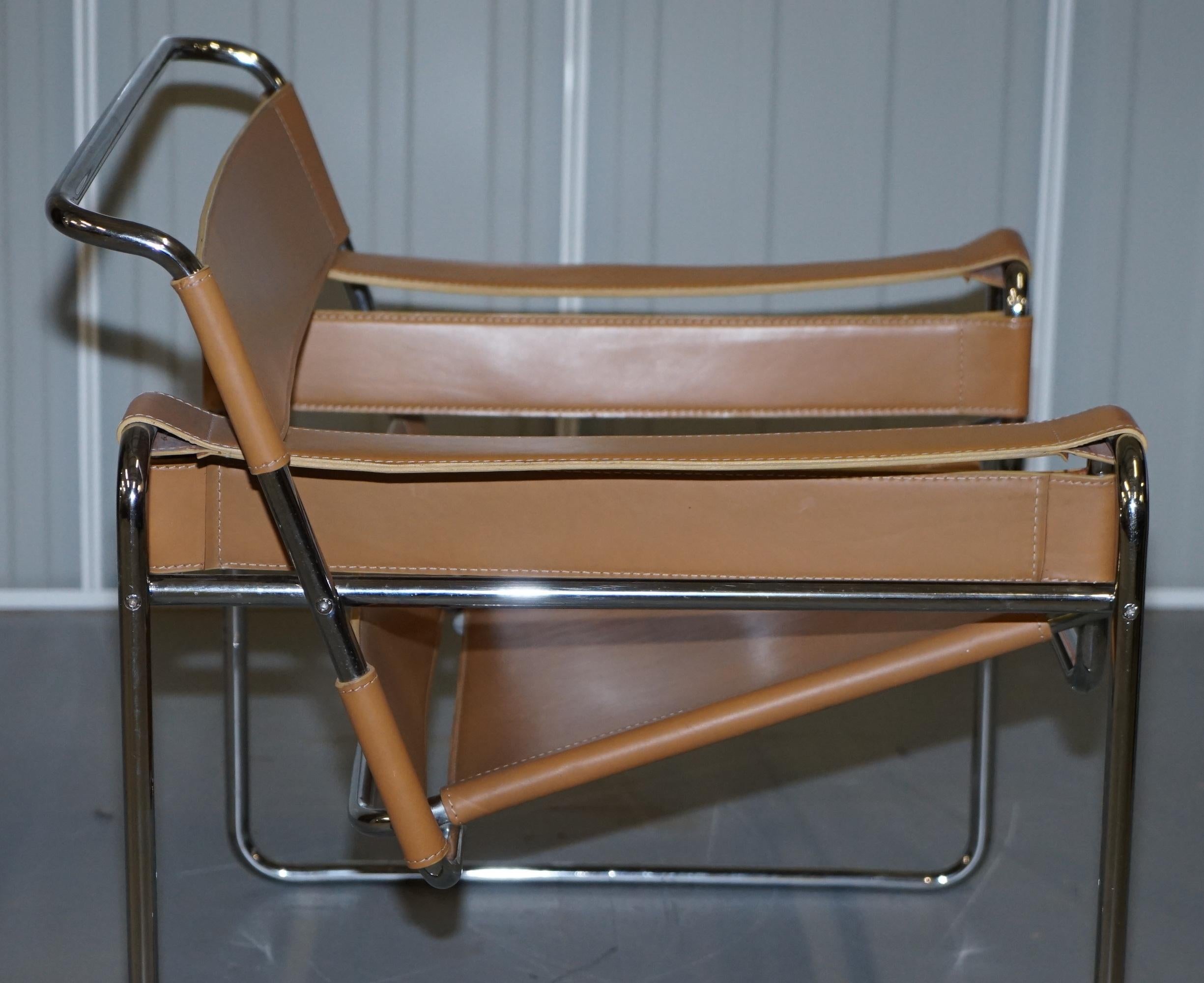 Pair of Marcel Breuer for Fasem 1980s Wassily B3 Tan Brown Leather Armchairs 12