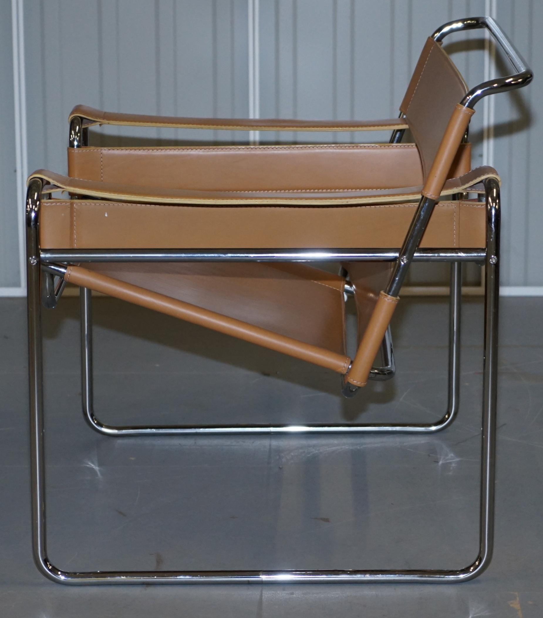Pair of Marcel Breuer for Fasem 1980s Wassily B3 Tan Brown Leather Armchairs 13