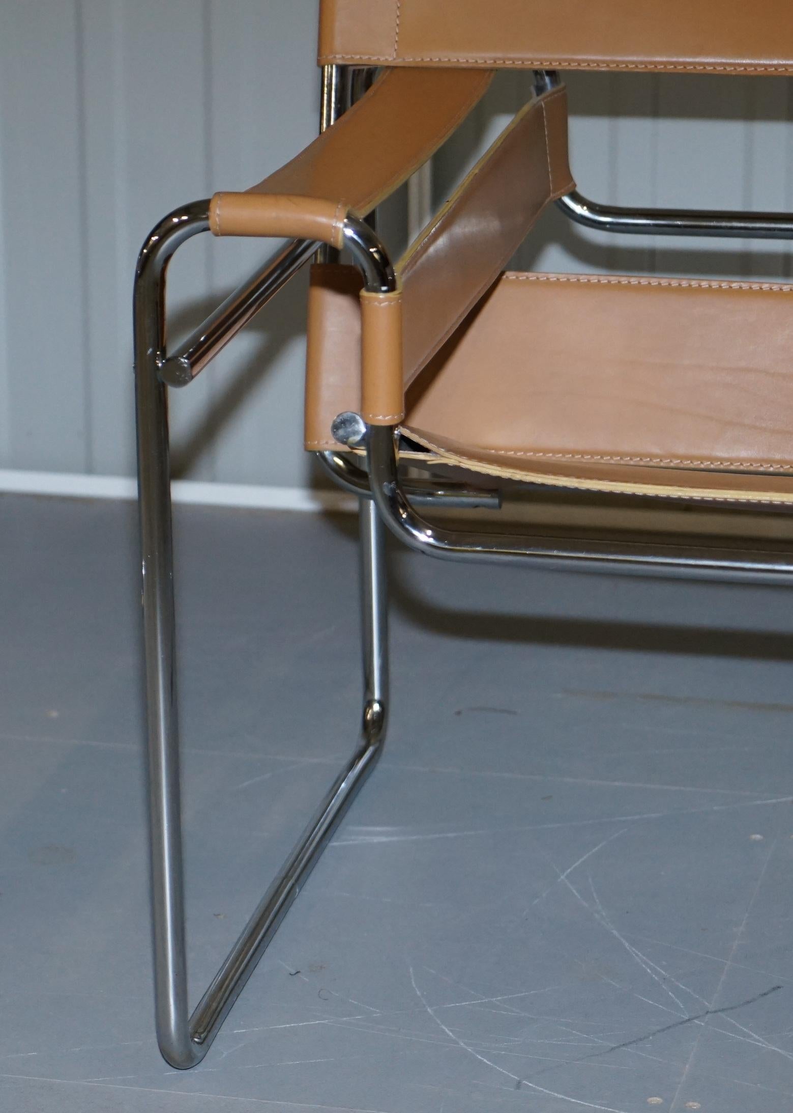 Late 20th Century Pair of Marcel Breuer for Fasem 1980s Wassily B3 Tan Brown Leather Armchairs