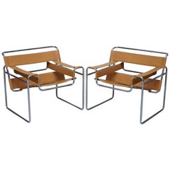 Paar Marcel Breuer für Fasem 1980er Wassily B3 Tan Brown Leder Sessel