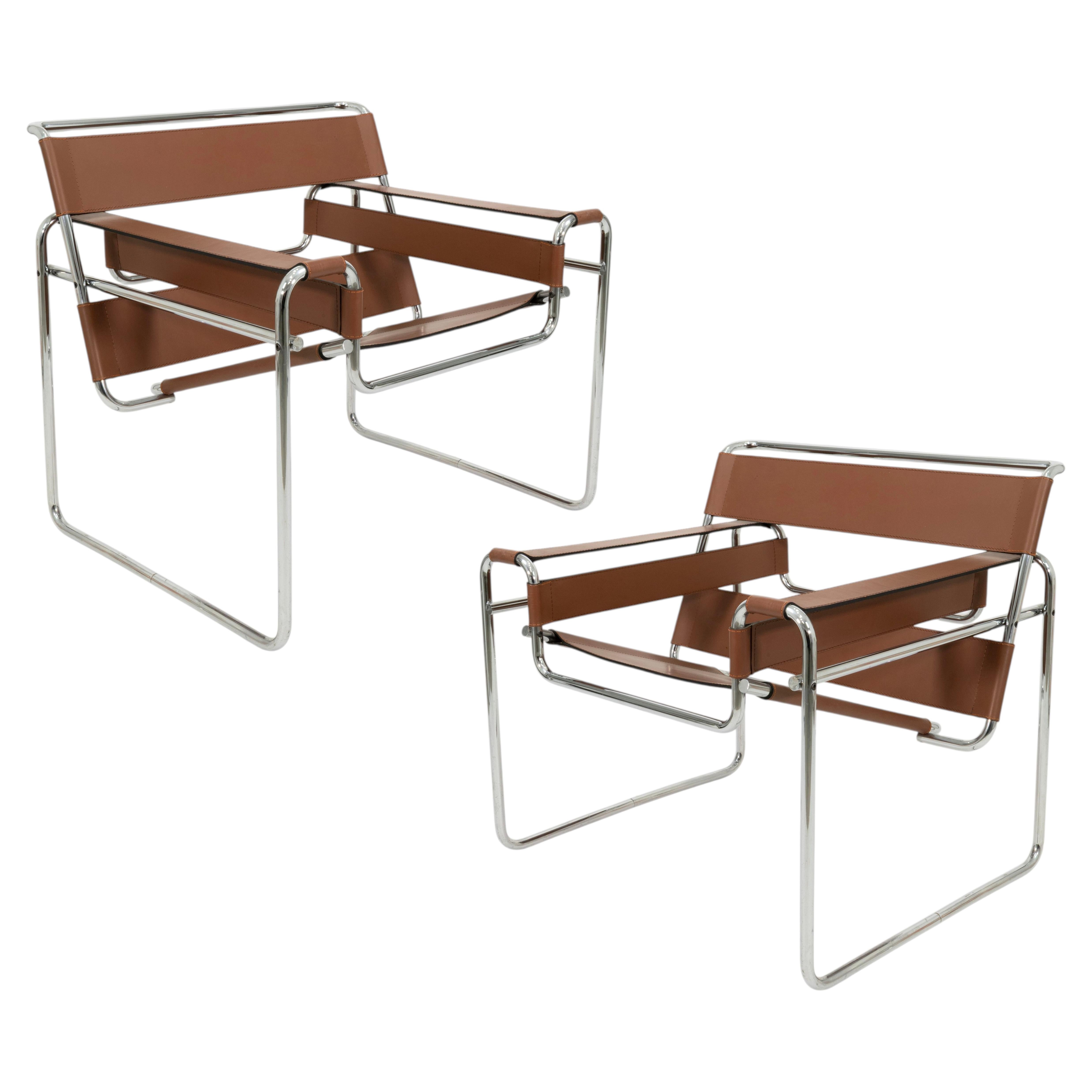 Pair Of Marcel Breuer For Knoll Original Cognac Leather Wassily Chairs