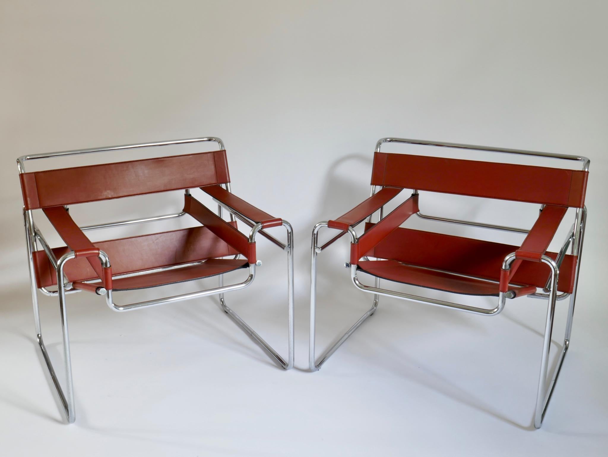 Late 20th Century Pair of Marcel Breuer Style Brown or Burgundy Leather Wassily Chairs