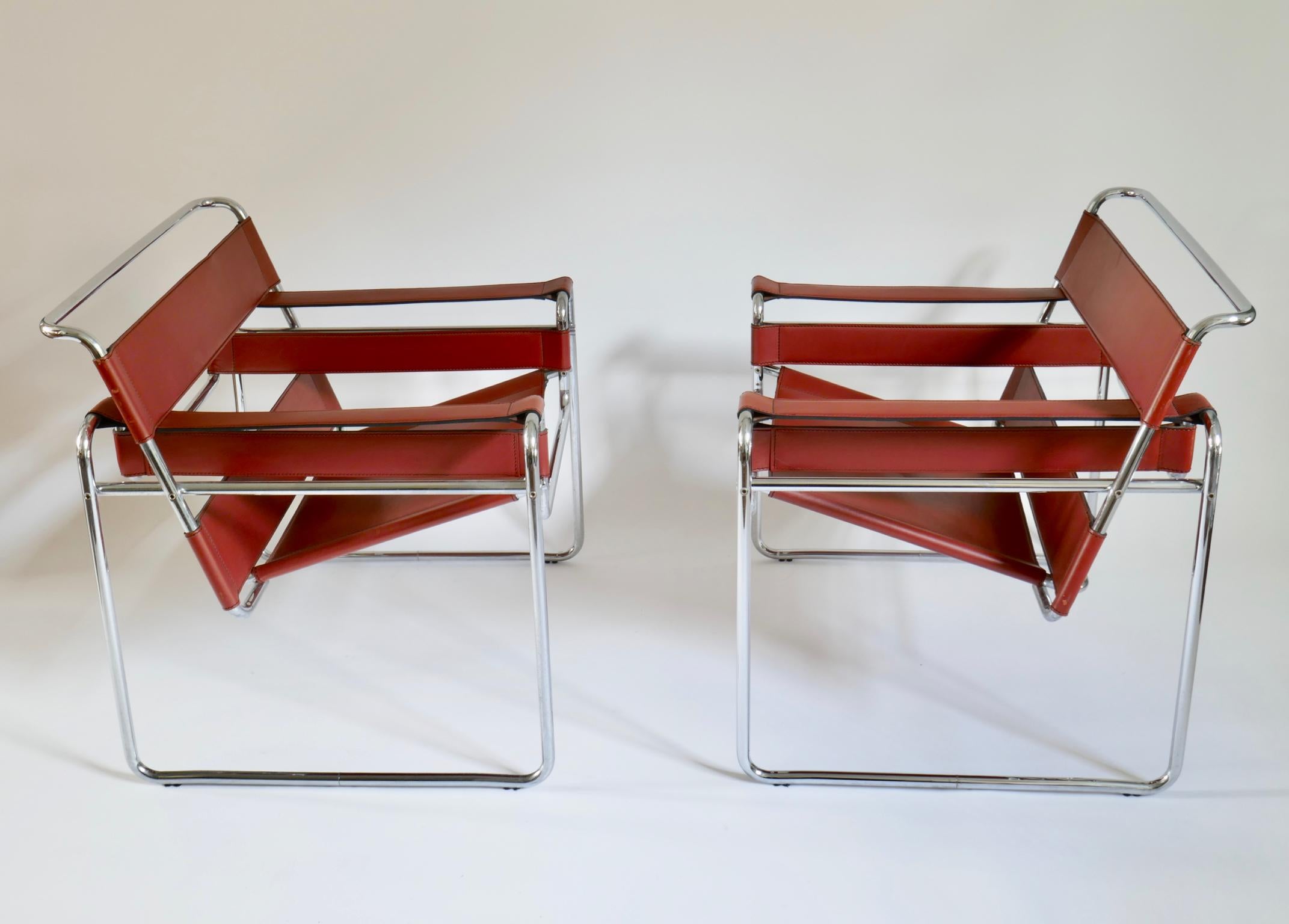 Pair of Marcel Breuer Style Brown or Burgundy Leather Wassily Chairs 1