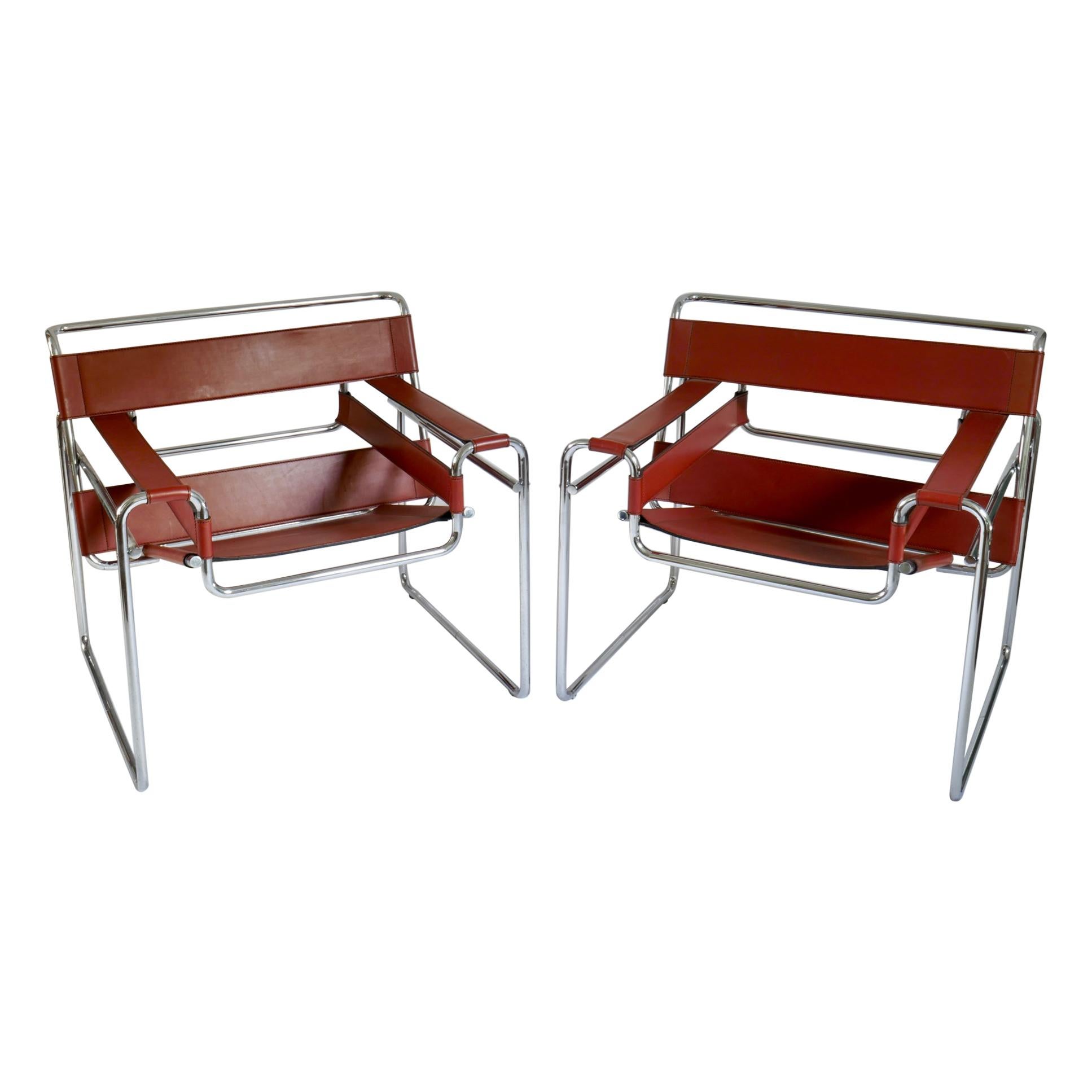Pair of Marcel Breuer Style Brown or Burgundy Leather Wassily Chairs