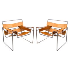 Pair of Marcel Bruer for Knoll Cognac Leather Wassily Chairs