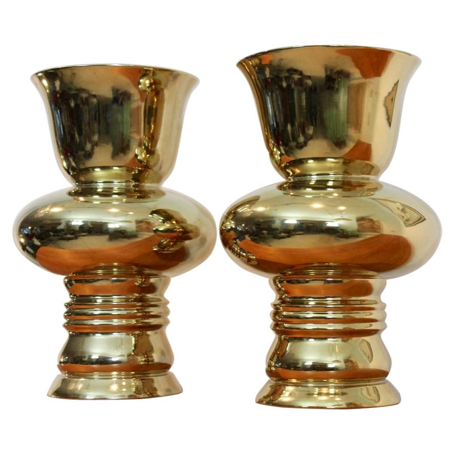 Pair of Marcel Wanders Large Ceramic Vases in Gold, Dutch Design