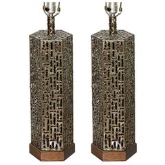 Pair of Marcello Fantoni Brutalist Bronzed Brass Torch Cut Hexagon Table Lamps